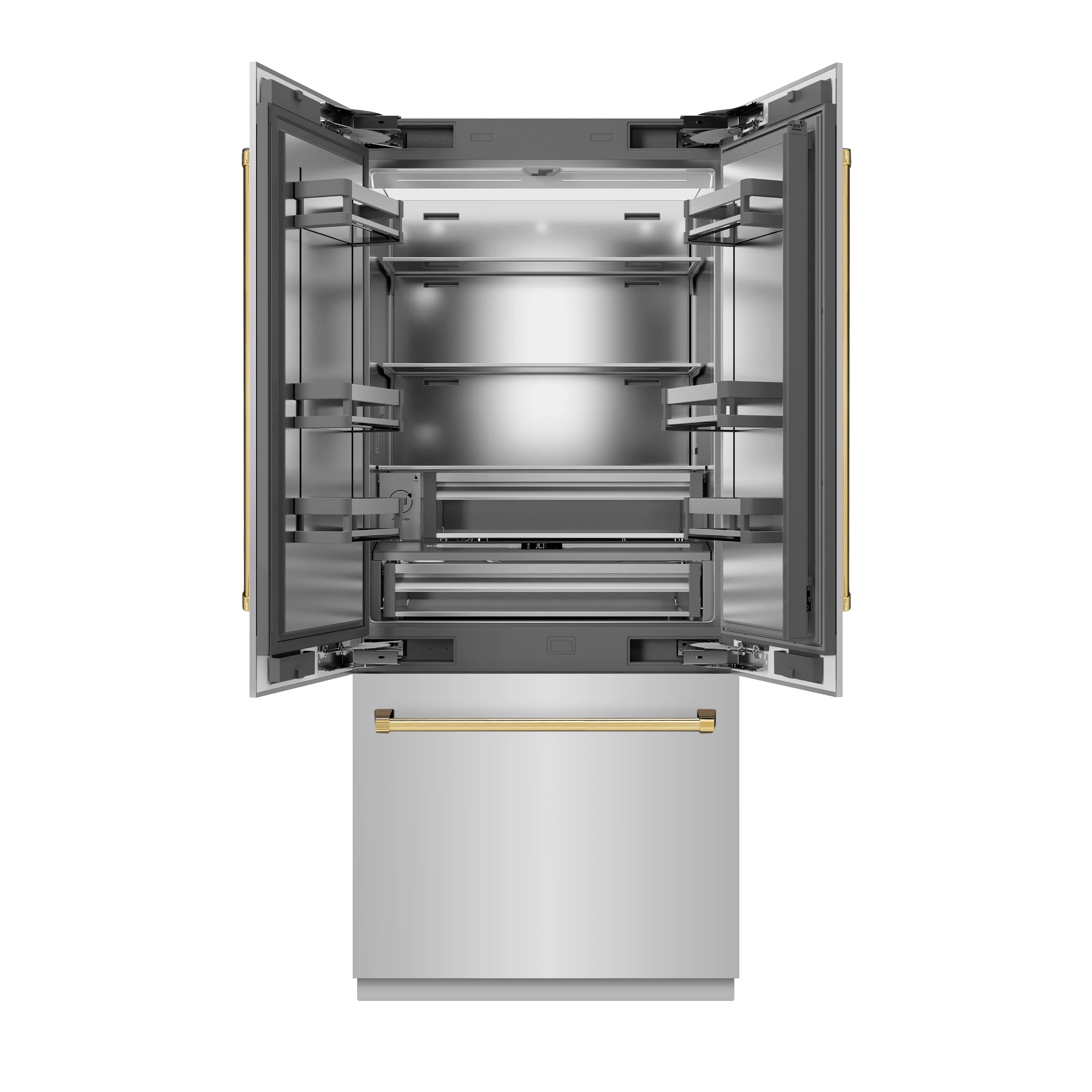 ZLINE Autograph Edition 36 in. 19.6 cu. ft. French Door Built-In Bottom Freezer Refrigerator with Water Dispenser and Ice Maker in Stainless Steel with Stainless Steel Interior and Polished Gold Accents (SRBIVZ-304-36G) - Image 3