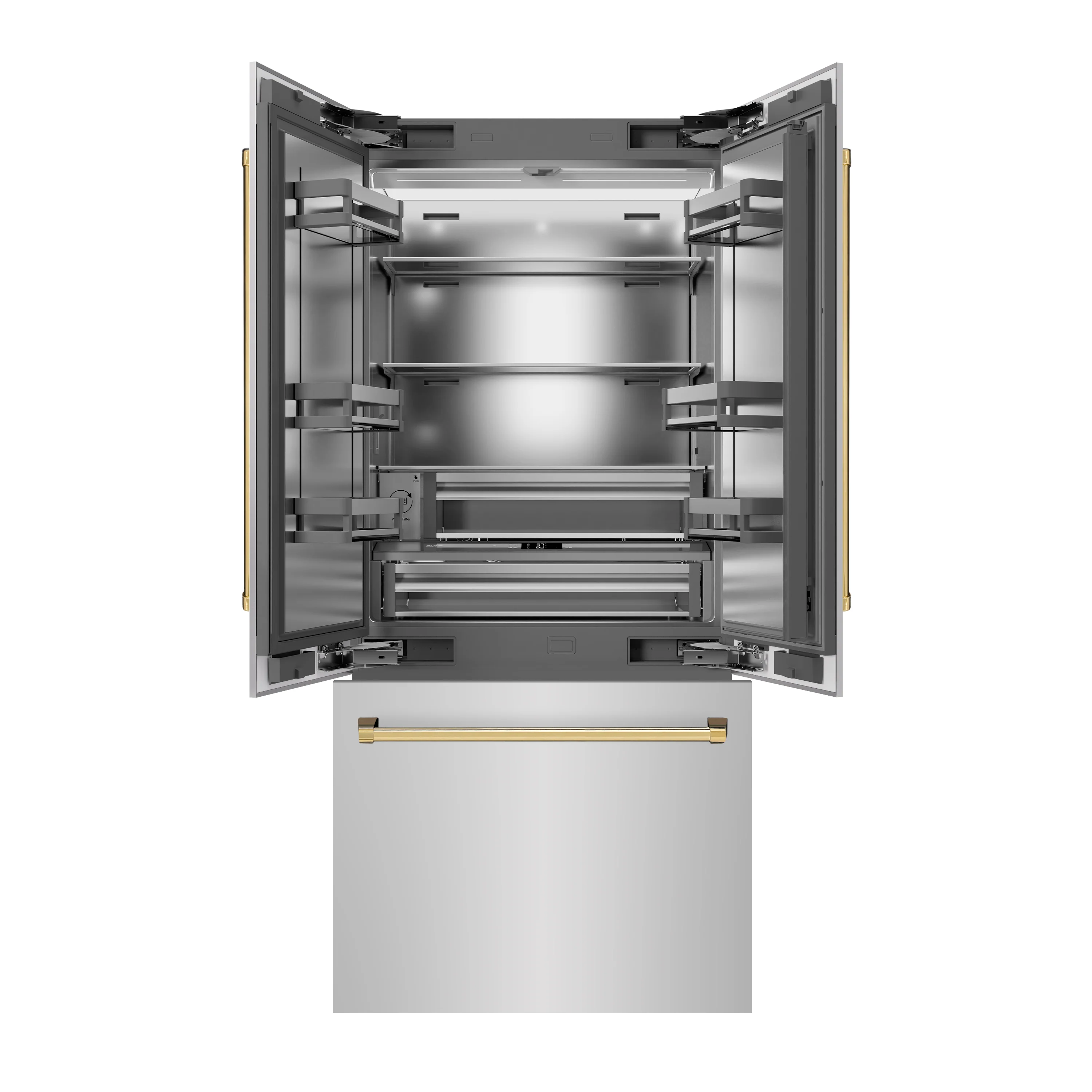 ZLINE Autograph Edition 36 in. 19.6 cu. ft. French Door Built-In Bottom Freezer Refrigerator with Water Dispenser and Ice Maker in Stainless Steel with Stainless Steel Interior and Polished Gold Accents (SRBIVZ-304-36G) - Image 4