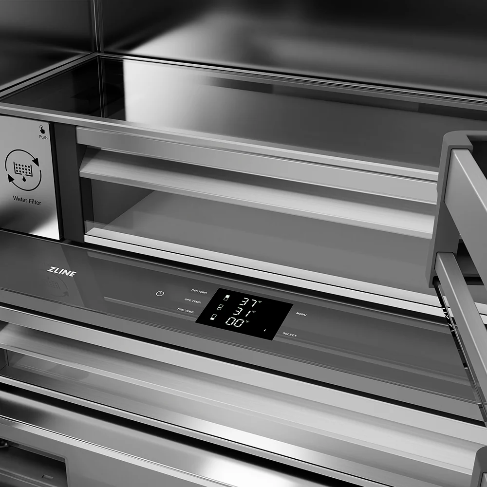 ZLINE Autograph Edition 36 in. 19.6 cu. ft. French Door Built-In Bottom Freezer Refrigerator with Water Dispenser and Ice Maker in Stainless Steel with Stainless Steel Interior and Polished Nickel Helix Handles (SRBIVZ-30436KPN) - Image 11