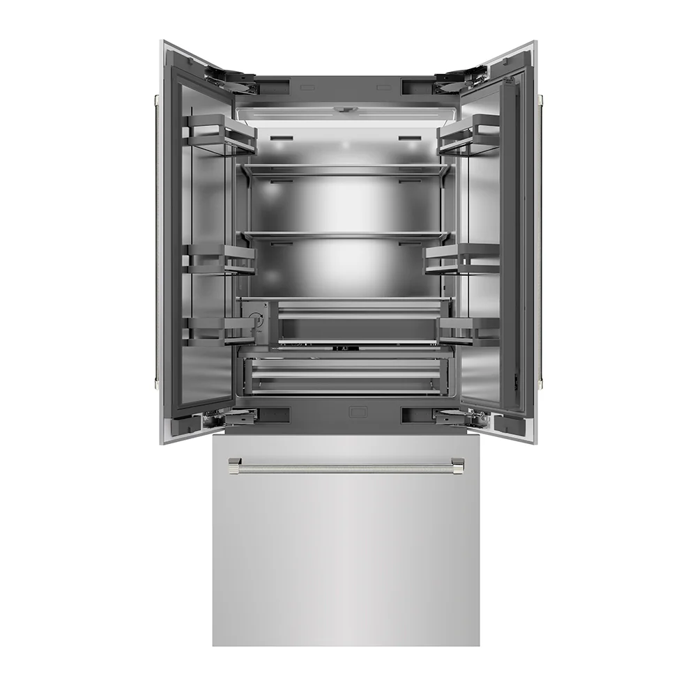 ZLINE Autograph Edition 36 in. 19.6 cu. ft. French Door Built-In Bottom Freezer Refrigerator with Water Dispenser and Ice Maker in Stainless Steel with Stainless Steel Interior and Polished Nickel Helix Handles (SRBIVZ-30436KPN) - Image 4