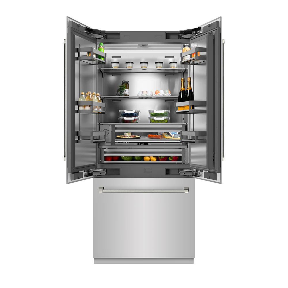ZLINE Autograph Edition 36 in. 19.6 cu. ft. French Door Built-In Bottom Freezer Refrigerator with Water Dispenser and Ice Maker in Stainless Steel with Stainless Steel Interior and Polished Nickel Helix Handles (SRBIVZ-30436KPN) - Image 5