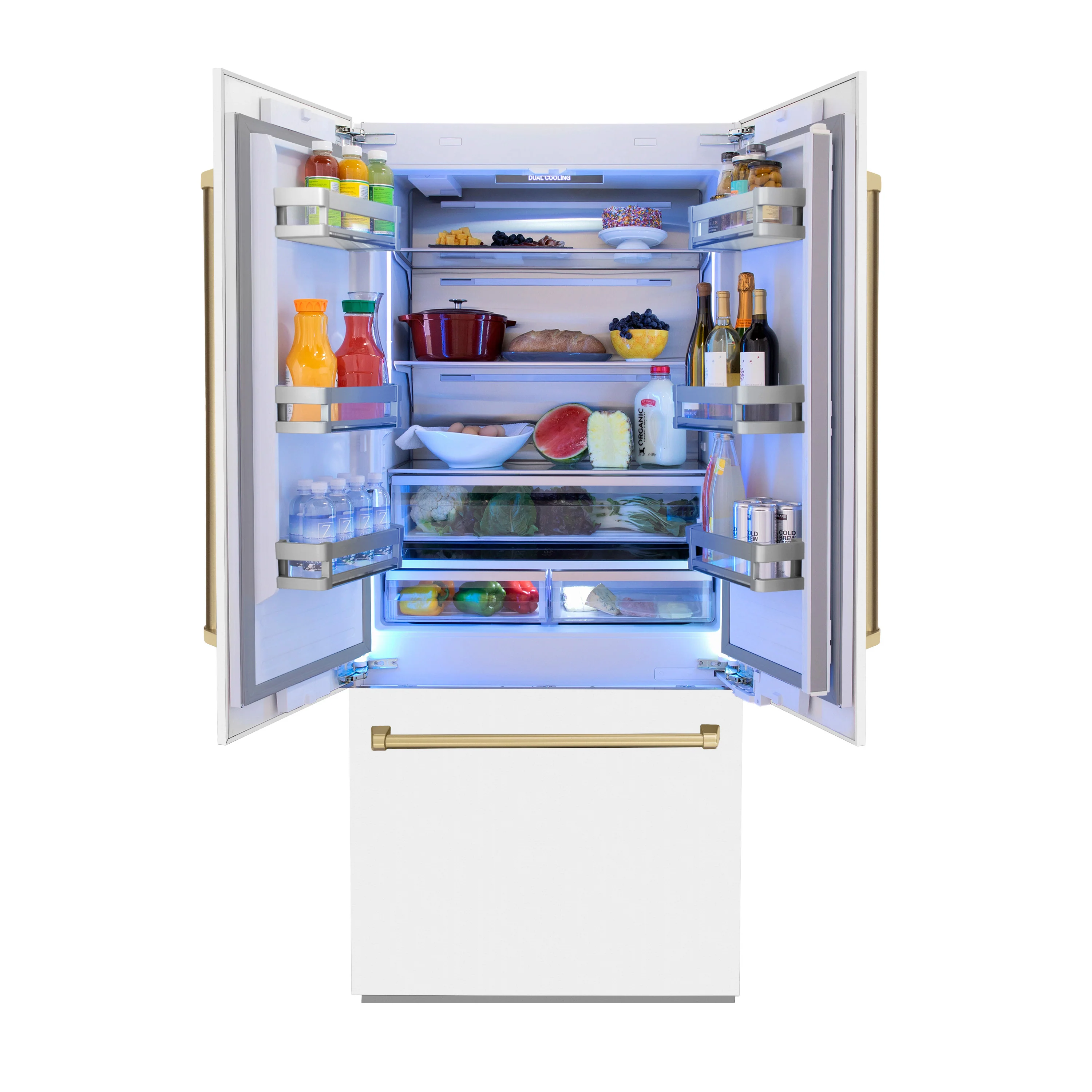 ZLINE Autograph Edition 36 in. 19.6 cu. ft. French Door Built-In Bottom Freezer Refrigerator with Water Dispenser and Ice Maker in White Matte with Champagne Bronze Accents (RBIVZ-WM-36-CB) - Image 5