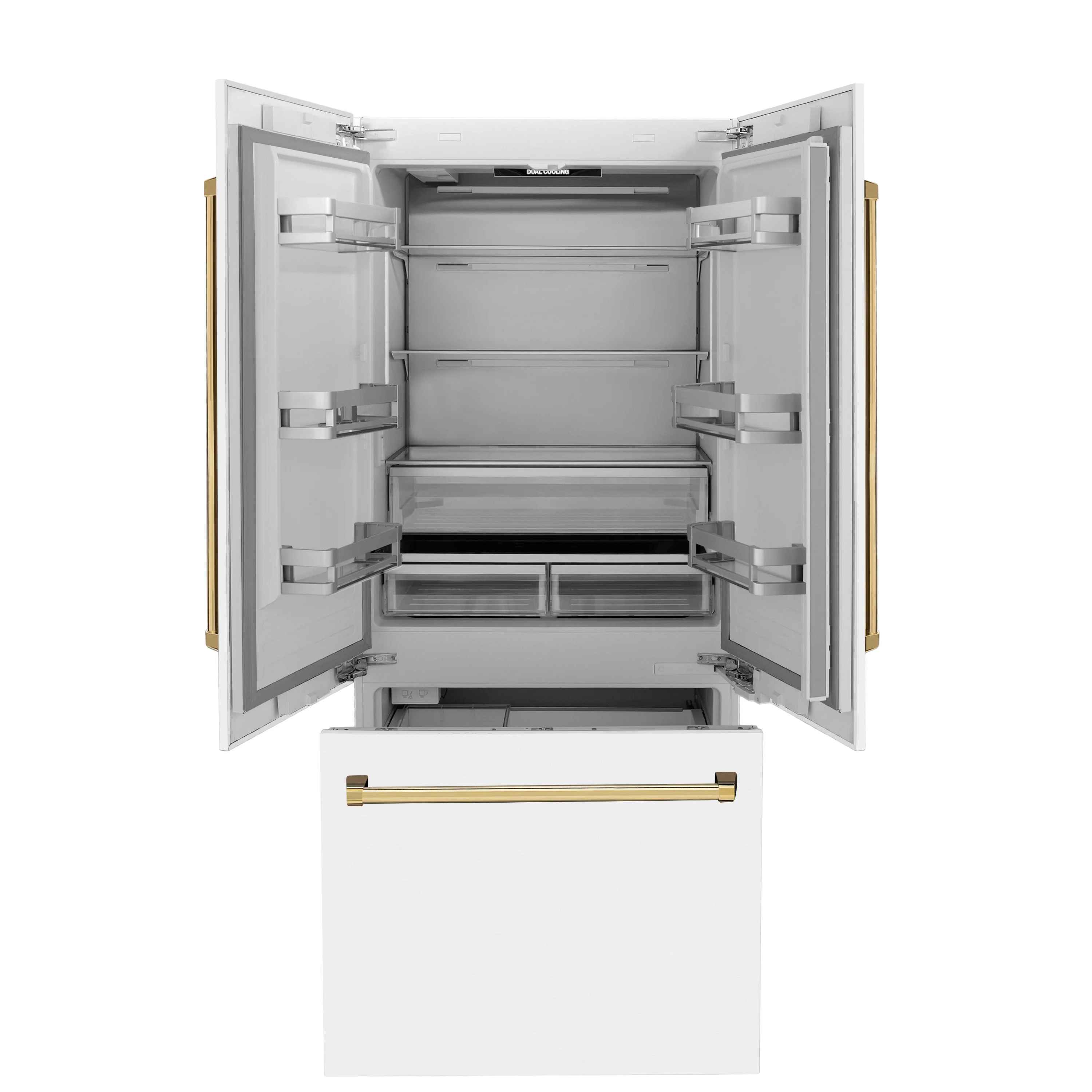 ZLINE Autograph Edition 36 in. 19.6 cu. ft. French Door Built-In Bottom Freezer Refrigerator with Water Dispenser and Ice Maker in White Matte with Polished Gold Accents (RBIVZ-WM-36-G) - Image 4