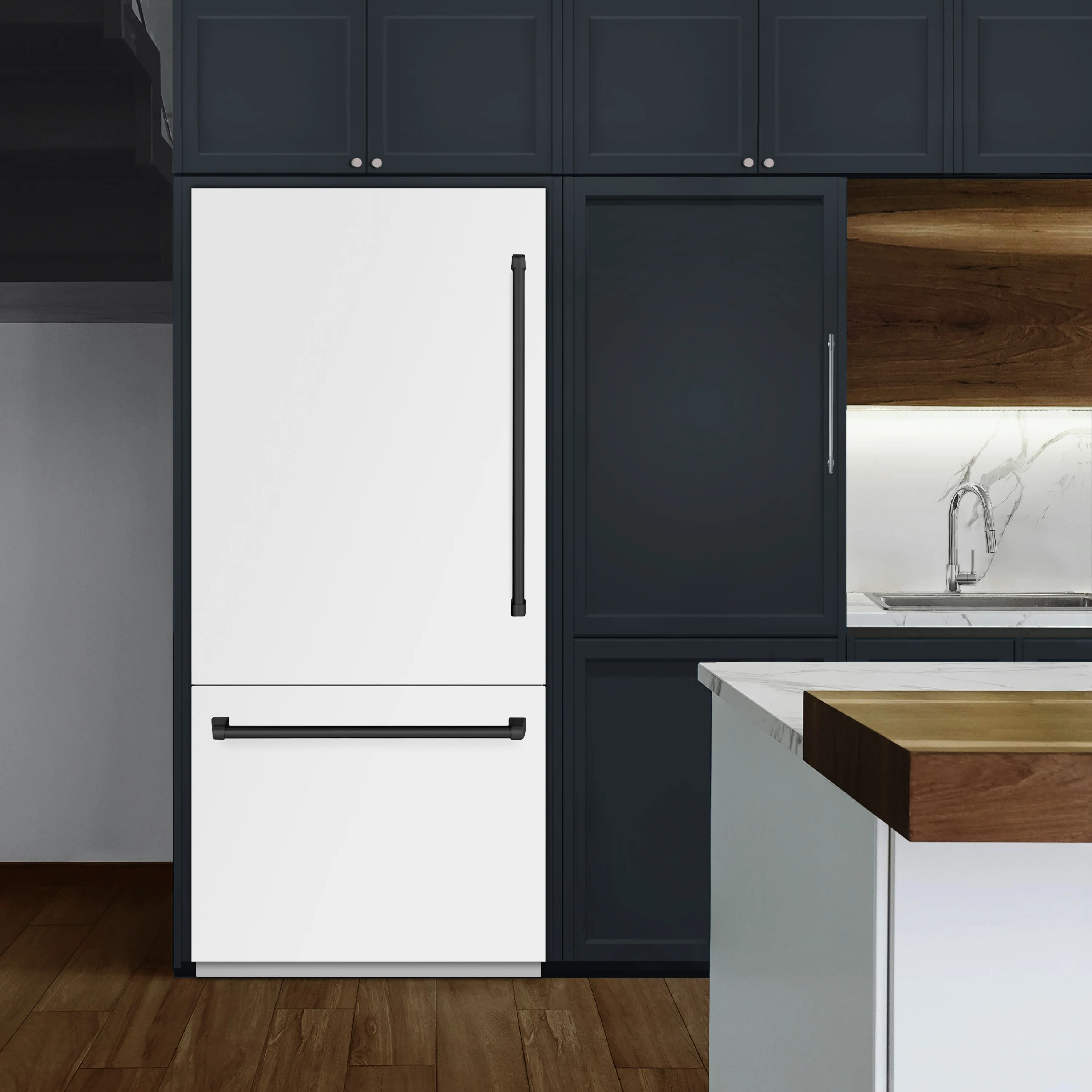 ZLINE Autograph Edition 36 in. 19.8 cu. ft. Built-In Bottom Freezer Refrigerator with Water Dispenser and Ice Maker in White Matte with Graphite Gray Interior and Matte Black Accents (GRBITZ-WM-36-MB) - Image 3