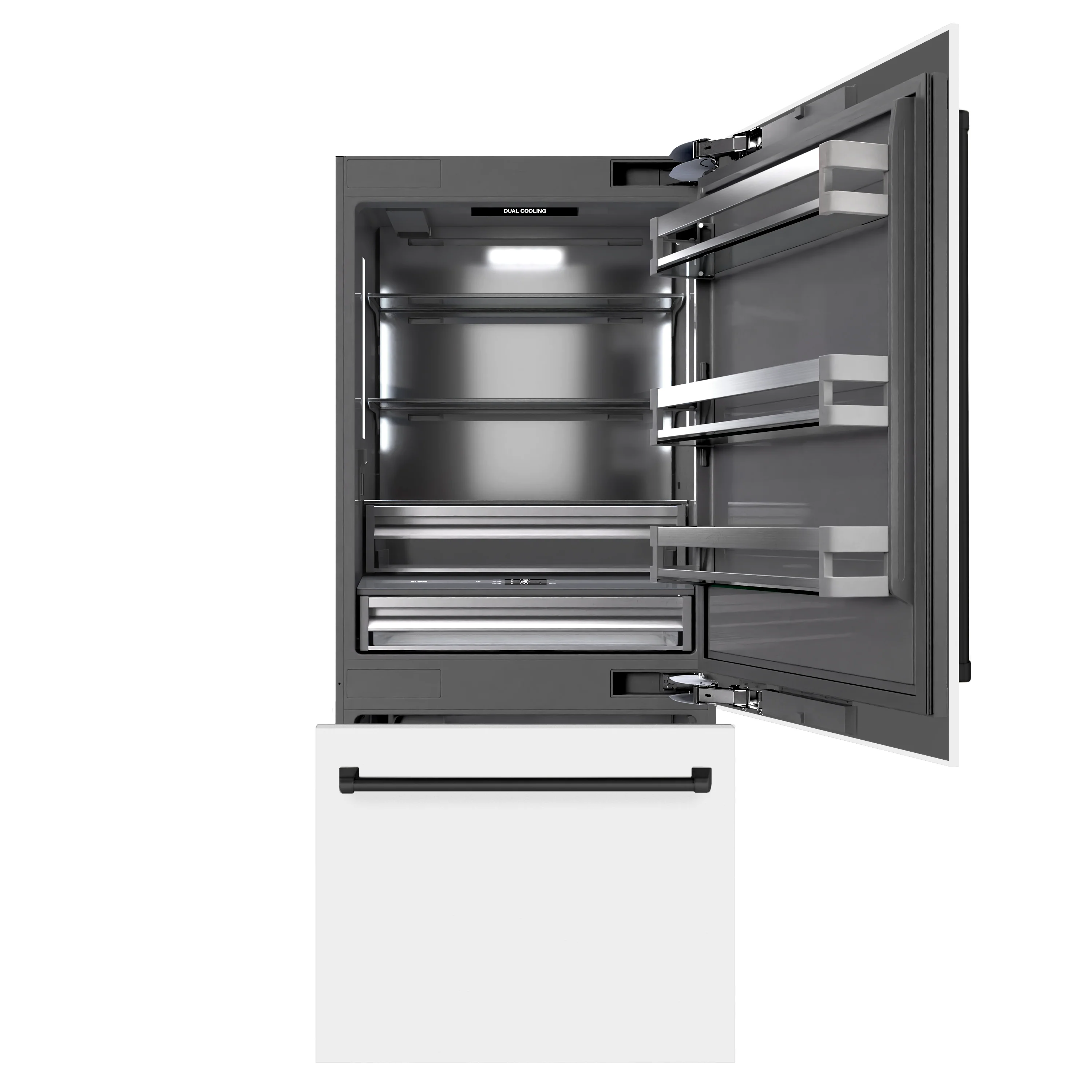 ZLINE Autograph Edition 36 in. 19.8 cu. ft. Built-In Bottom Freezer Refrigerator with Water Dispenser and Ice Maker in White Matte with Graphite Gray Interior and Matte Black Accents (GRBITZ-WM-36-MB) - Image 4