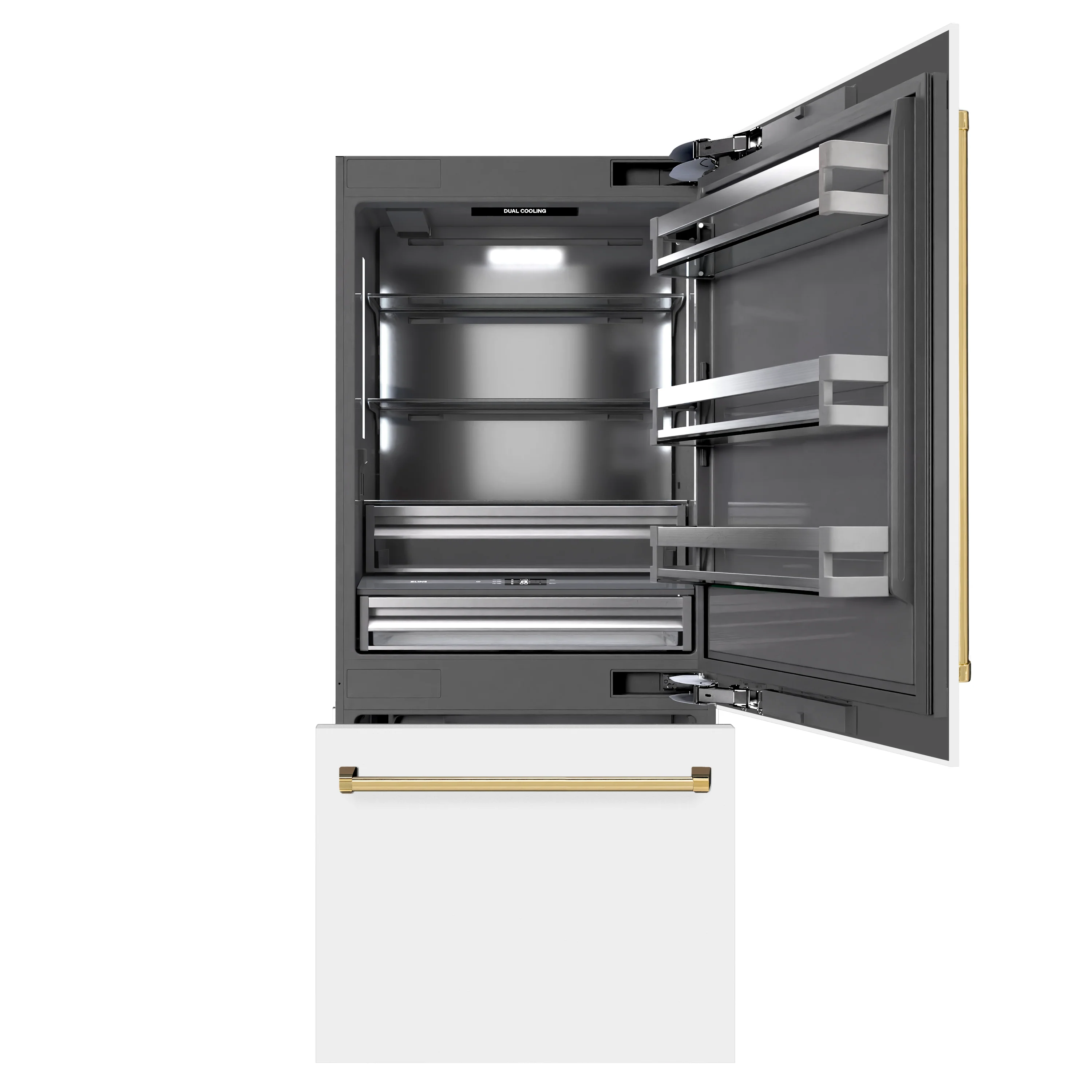 ZLINE Autograph Edition 36 in. 19.8 cu. ft. Built-In Bottom Freezer Refrigerator with Water Dispenser and Ice Maker in White Matte with Graphite Gray Interior and Polished Gold Accents (GRBITZ-WM-36-G) - Image 4