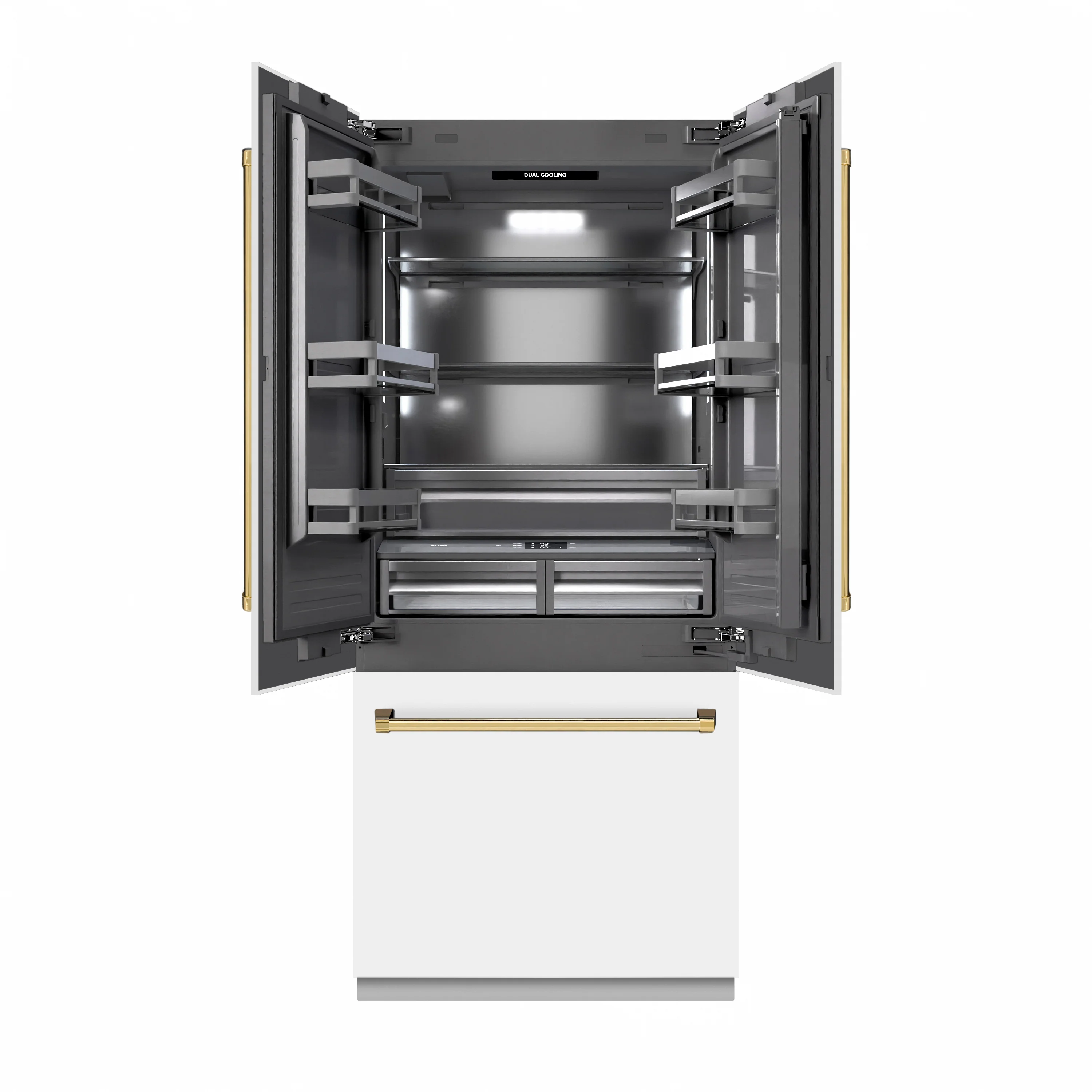 ZLINE Autograph Edition 36 in. 19.6 cu. ft. French Door Built-In Bottom Freezer Refrigerator with Water Dispenser and Ice Maker in White Matte with Graphite Gray Interior and Polished Gold Accents (GRBIVZ-WM-36-G) - Image 5