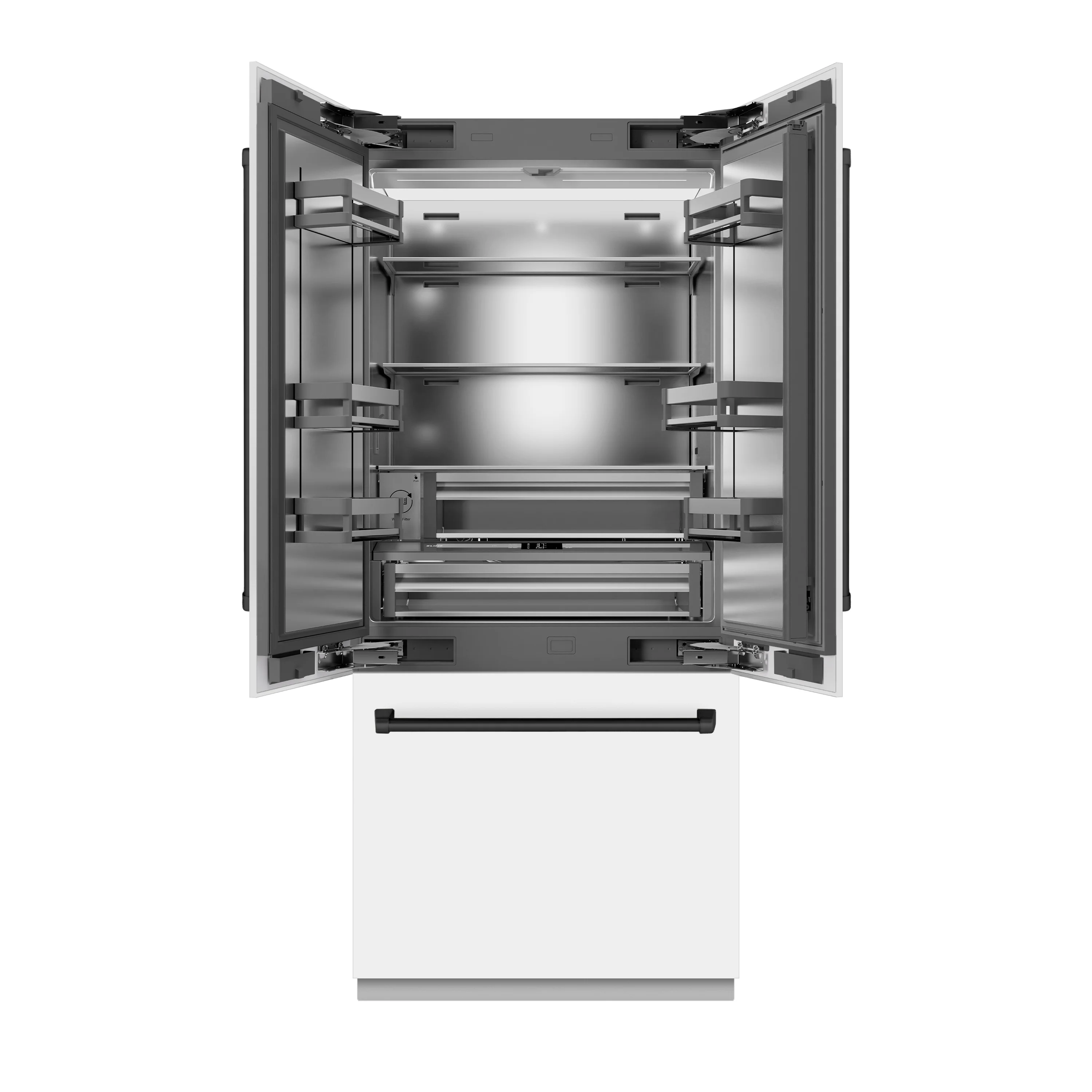 ZLINE Autograph Edition 36 in. 19.6 cu. ft. French Door Built-In Bottom Freezer Refrigerator with Water Dispenser and Ice Maker in White Matte with Stainless Steel Interior and Matte Black Accents (SRBIVZ-WM-36-MB) - Image 3