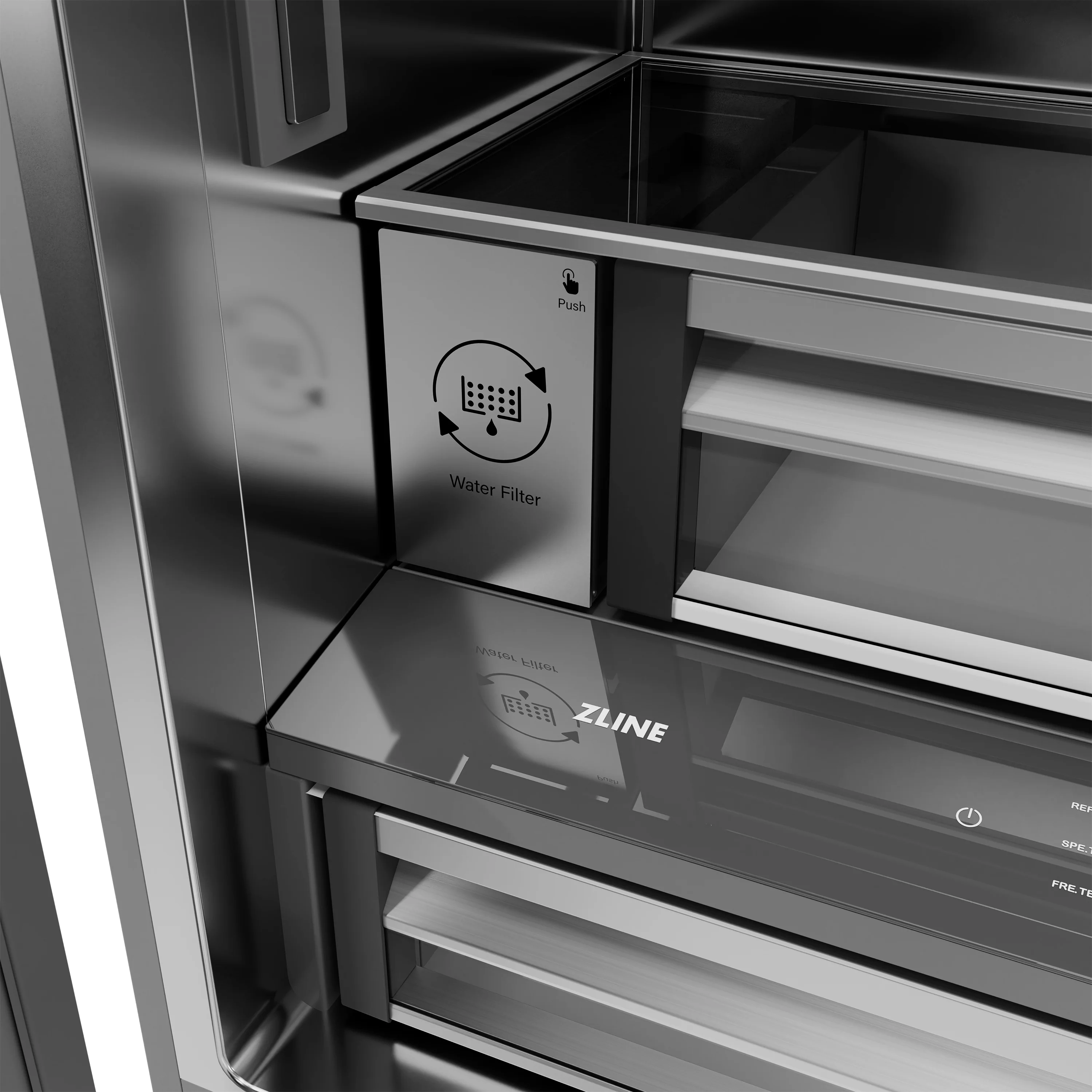 ZLINE Autograph Edition 36 in. 19.6 cu. ft. French Door Built-In Bottom Freezer Refrigerator with Water Dispenser and Ice Maker in White Matte with Stainless Steel Interior and Polished Gold Accents (SRBIVZ-WM-36-G) - Image 10