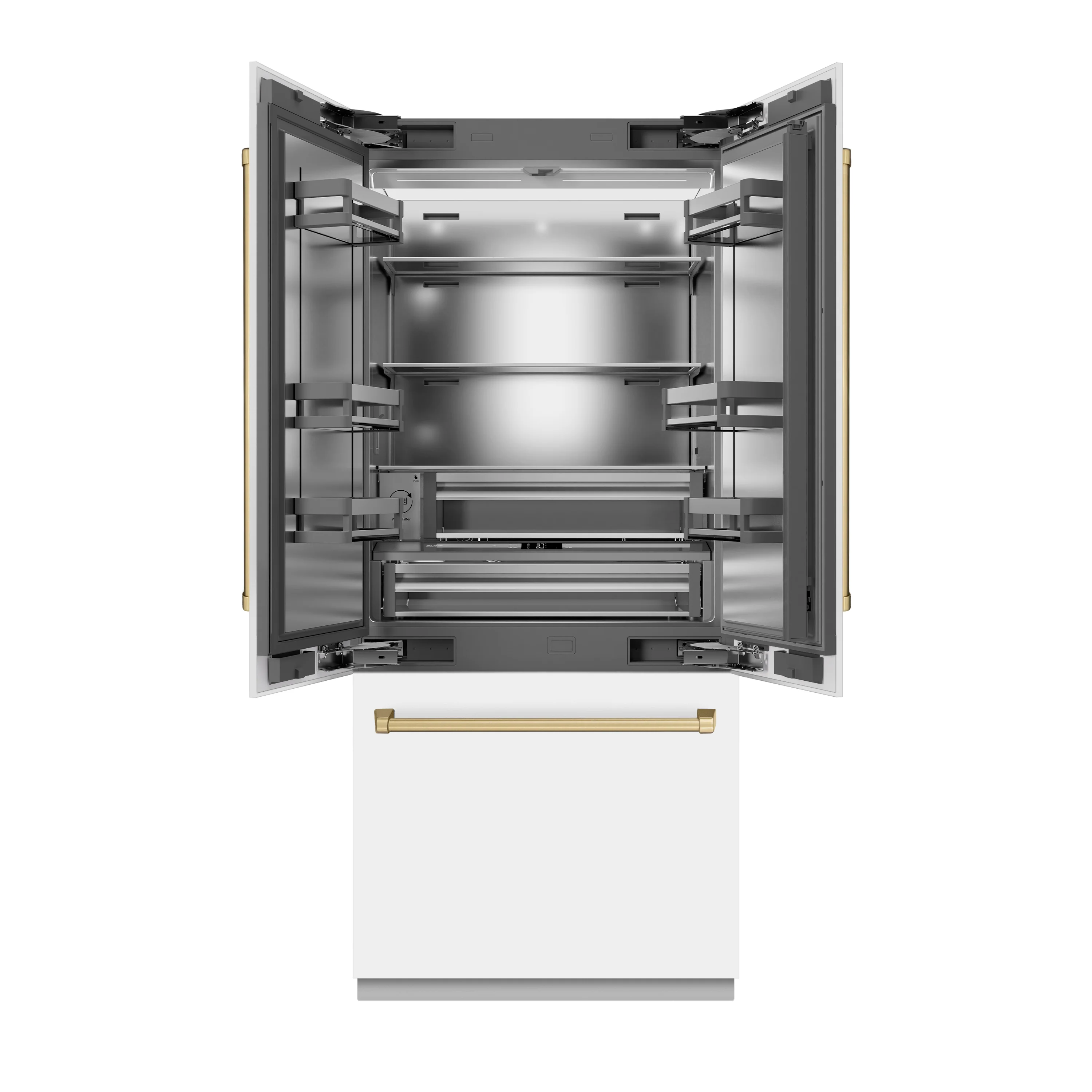 ZLINE Autograph Edition 36 in. 19.6 cu. ft. French Door Built-In Bottom Freezer Refrigerator with Water Dispenser and Ice Maker in White Matte with Stainless Steel Interior and Polished Gold Accents (SRBIVZ-WM-36-G) - Image 3