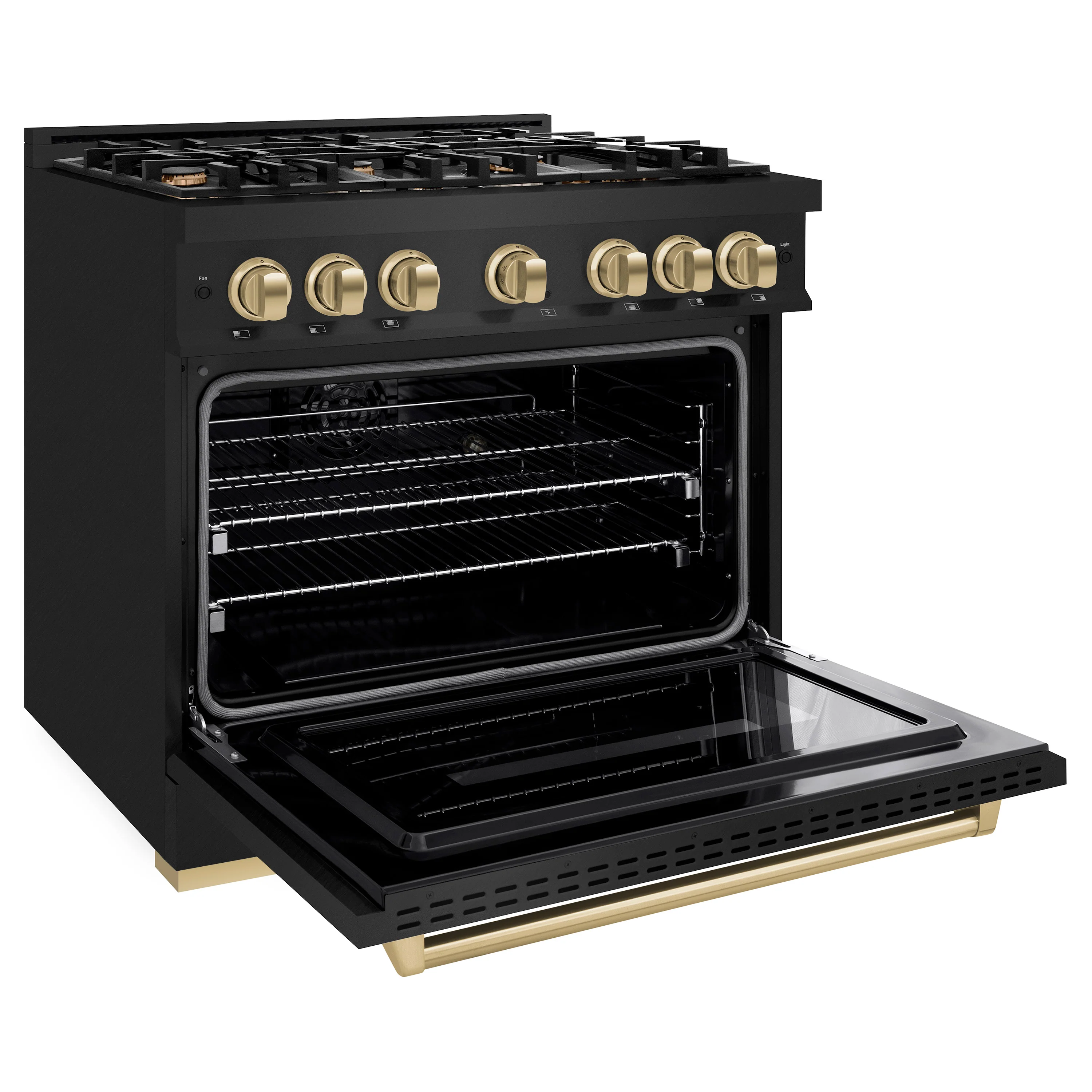 ZLINE Autograph Edition 36 in. 5.2 cu. ft. Classic Dual Fuel Range with 6 Burner Gas Cooktop and Electric Convection Oven in Black Stainless Steel with Champagne Bronze Accents (CDRBZ-36-CB) - Image 6