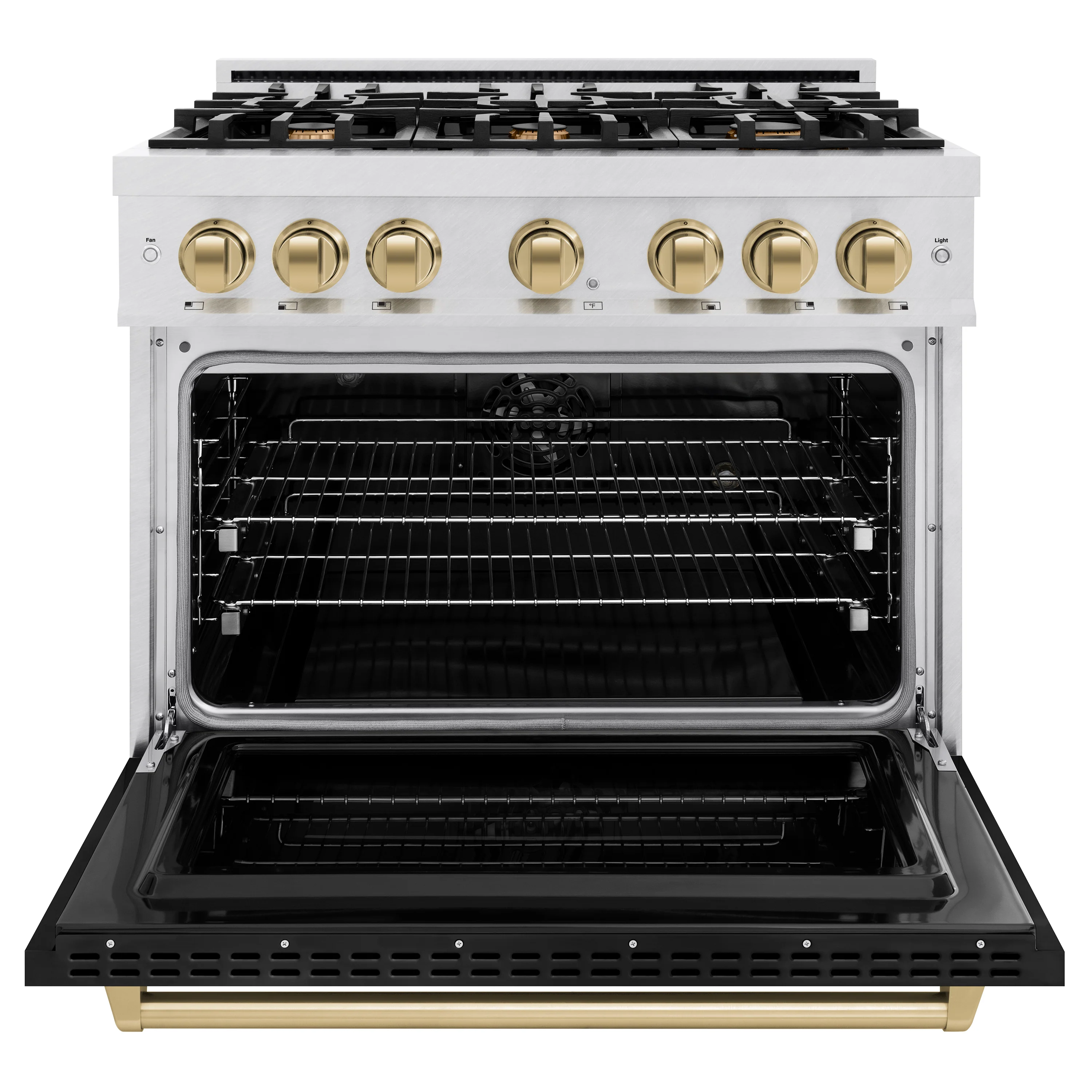 ZLINE Autograph Edition 36 in. 5.2 cu. ft. Classic Dual Fuel Range with 6 Burner Gas Cooktop and Electric Convection Oven in Satin Stainless Steel with Black Matte Door and Champagne Bronze Accents (CDRSZ-BLM-36-CB) - Image 4