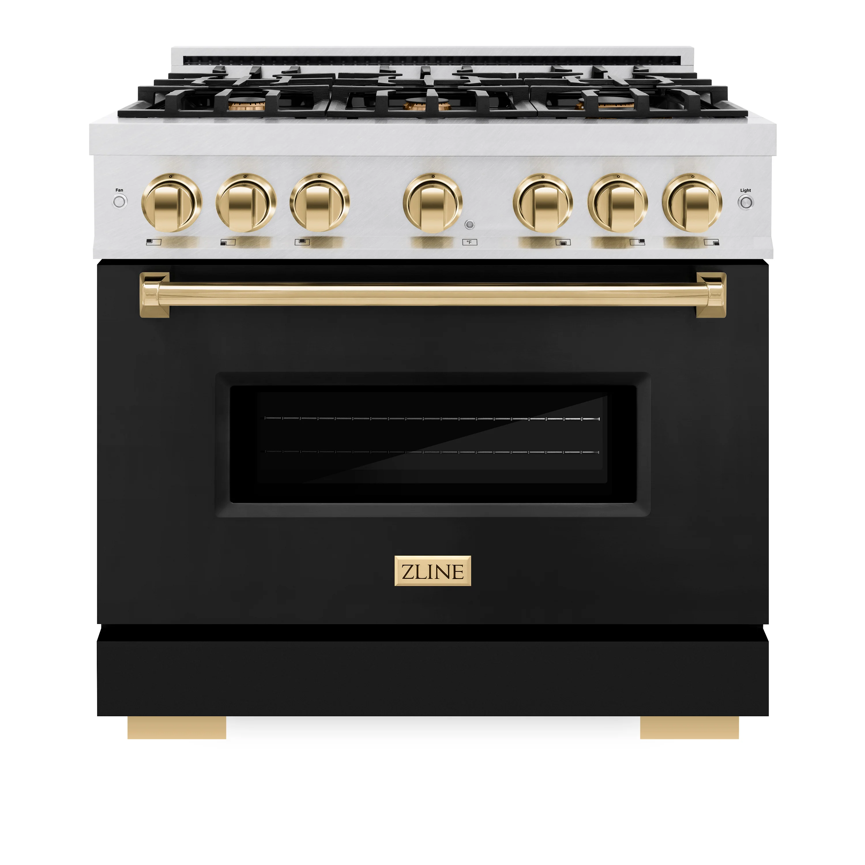 ZLINE Autograph Edition 36 in. 5.2 cu. ft. Classic Dual Fuel Range with 6 Burner Gas Cooktop and Electric Convection Oven in Satin Stainless Steel with Black Matte Door and Polished Gold Accents (CDRSZ-BLM-36-G) - Image 3
