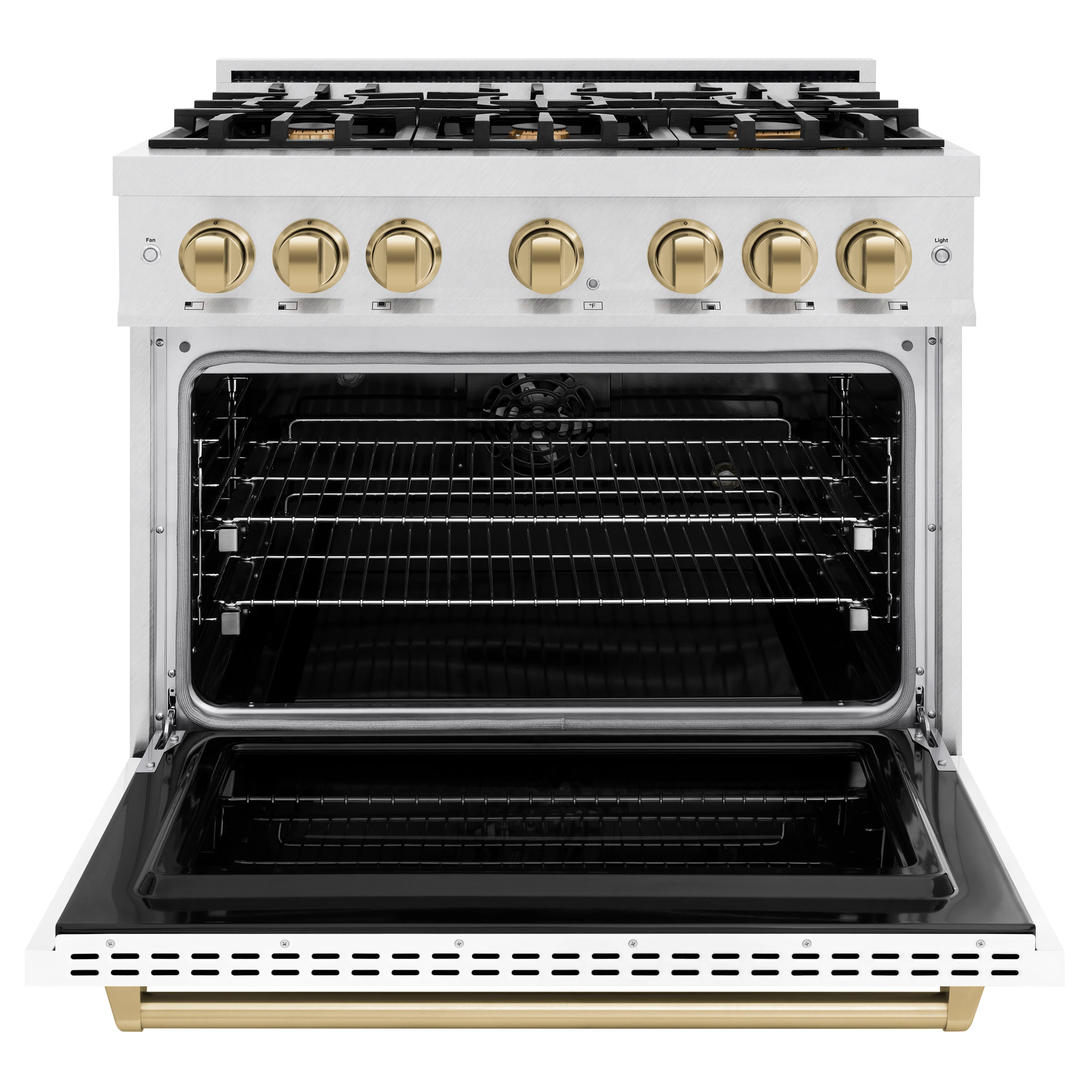 ZLINE Autograph Edition 36 in. 5.2 cu. ft. Classic Dual Fuel Range with 6 Burner Gas Cooktop and Electric Convection Oven in Satin Stainless Steel with White Matte Door and Champagne Bronze Accents (CDRSZ-WM-36-CB) - Image 4