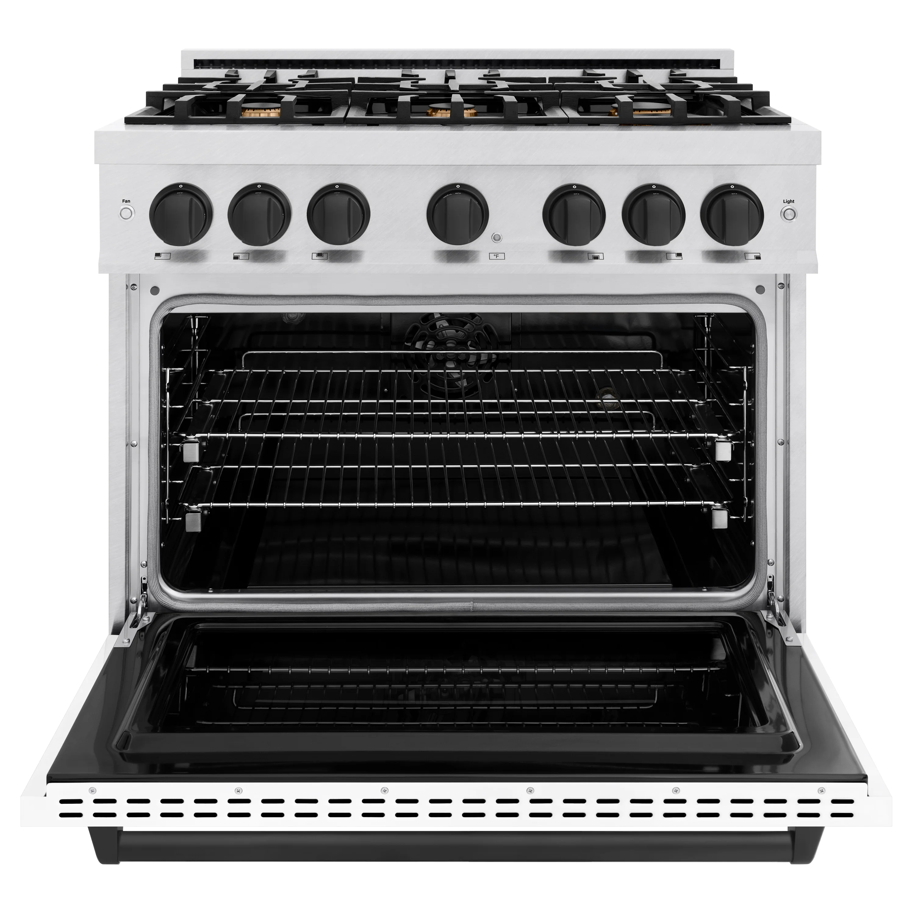 ZLINE Autograph Edition 36 in. 5.2 cu. ft. Classic Dual Fuel Range with 6 Burner Gas Cooktop and Electric Convection Oven in Satin Stainless Steel with White Matte Door and Matte Black Accents (CDRSZ-WM-36-MB) - Image 4