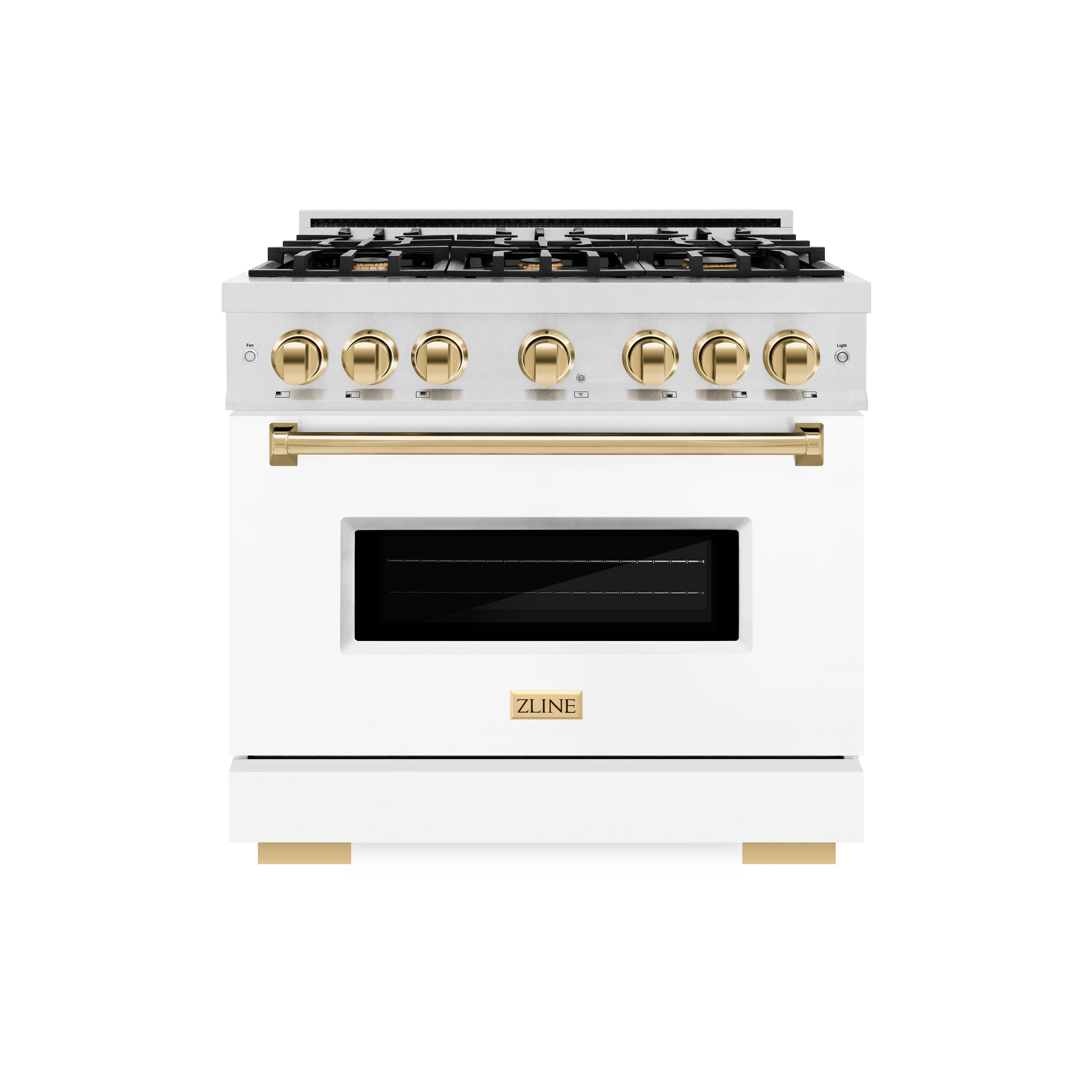 ZLINE Autograph Edition 36 in. 5.2 cu. ft. Classic Dual Fuel Range with 6 Burner Gas Cooktop and Electric Convection Oven in Satin Stainless Steel with White Matte Door and Polished Gold Accents (CDRSZ-WM-36-G)