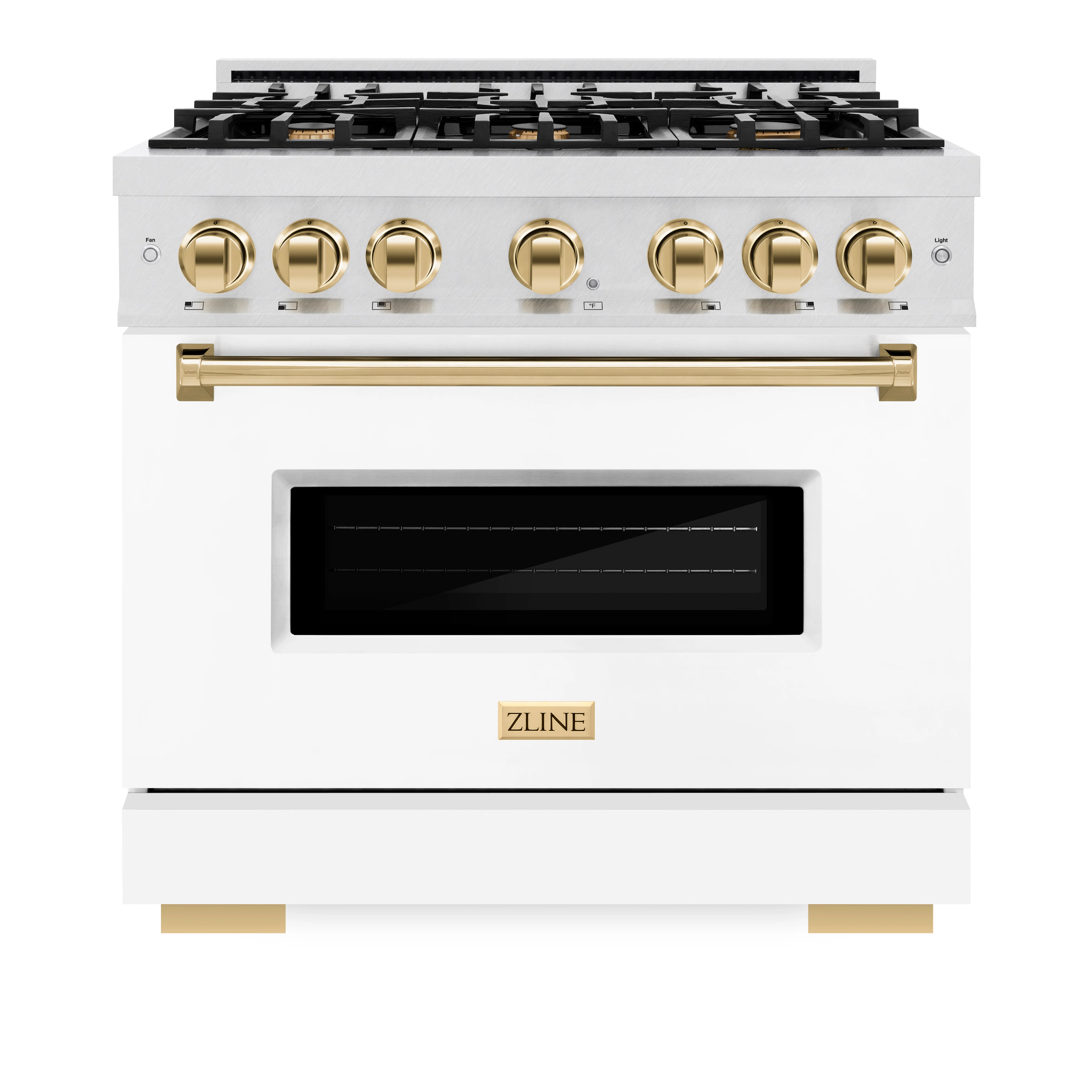 ZLINE Autograph Edition 36 in. 5.2 cu. ft. Classic Dual Fuel Range with 6 Burner Gas Cooktop and Electric Convection Oven in Satin Stainless Steel with White Matte Door and Polished Gold Accents (CDRSZ-WM-36-G) - Image 3