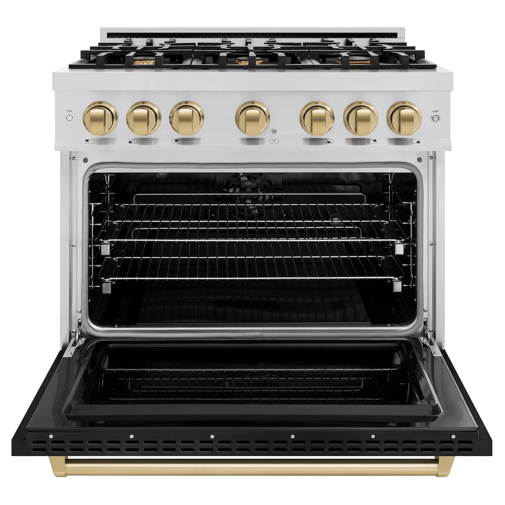 ZLINE Autograph Edition 36 in. 5.2 cu. ft. Classic Dual Fuel Range with 6 Burner Gas Cooktop and Electric Convection Oven in Stainless Steel with Black Matte Door and Champagne Bronze Accents (CDRZ-BLM-36-CB) - Image 3
