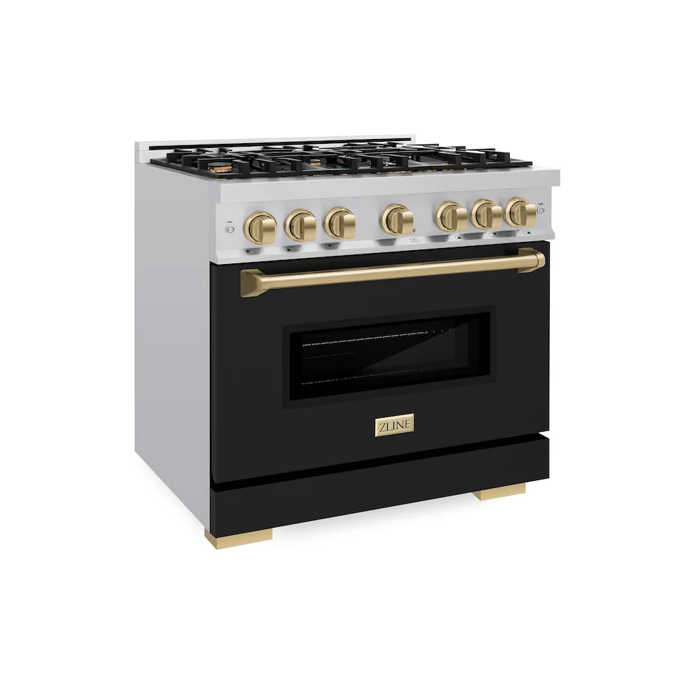 ZLINE Autograph Edition 36 in. 5.2 cu. ft. Classic Dual Fuel Range with 6 Burner Gas Cooktop and Electric Convection Oven in Stainless Steel with Black Matte Door and Champagne Bronze Accents (CDRZ-BLM-36-CB) - Image 4