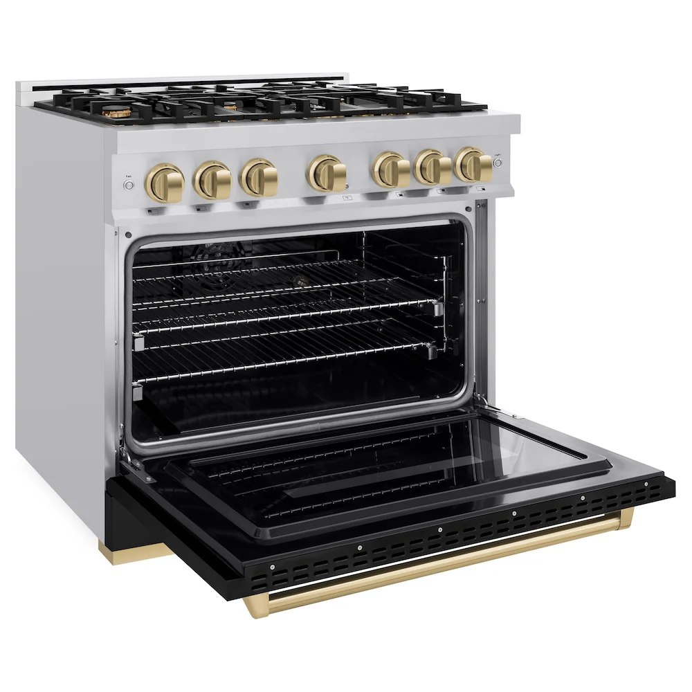 ZLINE Autograph Edition 36 in. 5.2 cu. ft. Classic Dual Fuel Range with 6 Burner Gas Cooktop and Electric Convection Oven in Stainless Steel with Black Matte Door and Champagne Bronze Accents (CDRZ-BLM-36-CB) - Image 6