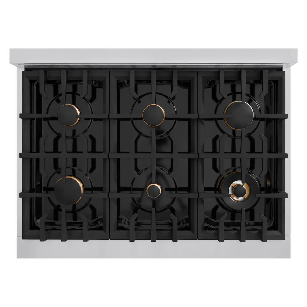 ZLINE Autograph Edition 36 in. 5.2 cu. ft. Classic Dual Fuel Range with 6 Burner Gas Cooktop and Electric Convection Oven in Stainless Steel with Black Matte Door and Polished Gold Accents (CDRZ-BLM-36-G) - Image 7