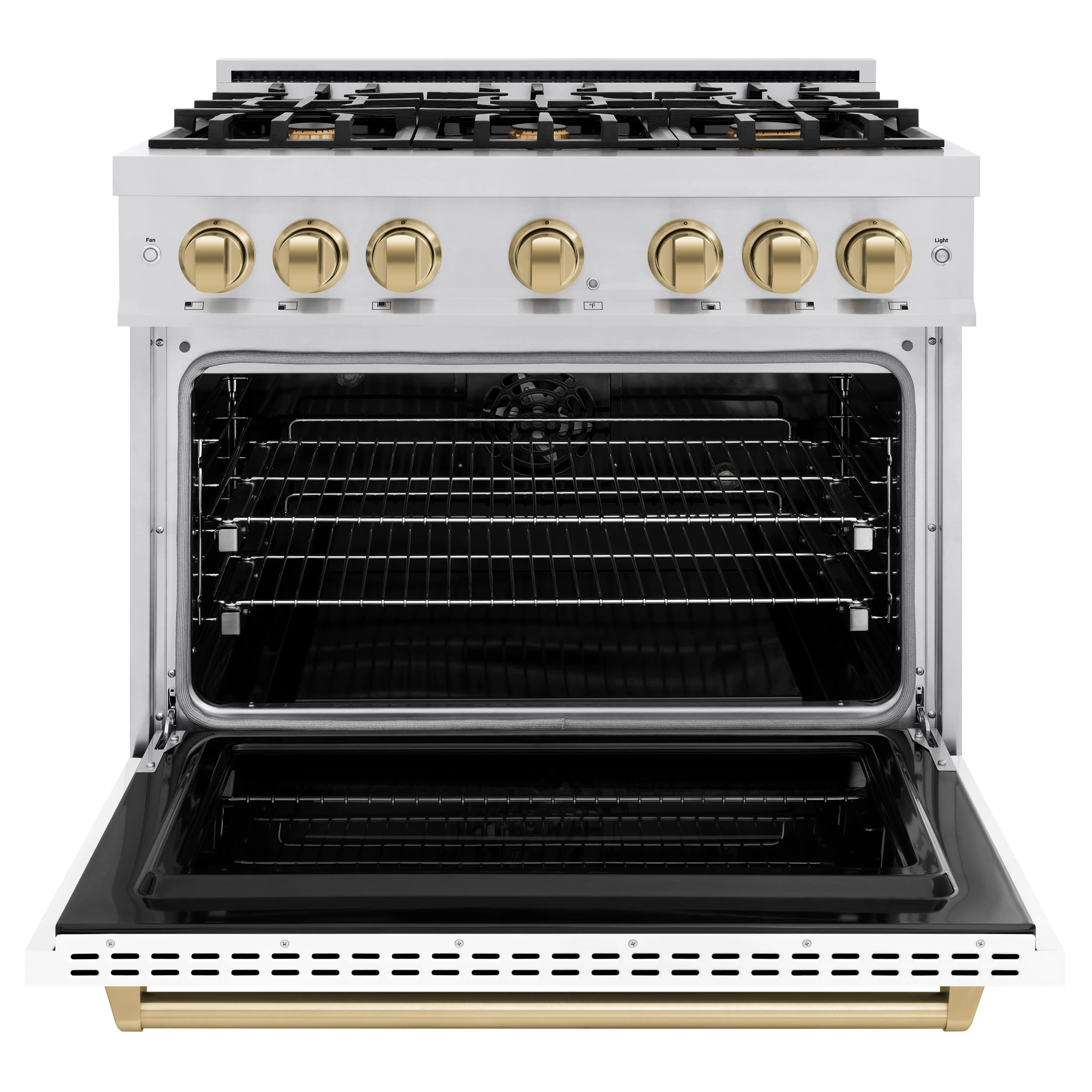 ZLINE Autograph Edition 36 in. 5.2 cu. ft. Classic Dual Fuel Range with 6 Burner Gas Cooktop and Electric Convection Oven in Stainless Steel with White Matte Door and Champagne Bronze Accents (CDRZ-WM-36-CB) - Image 4