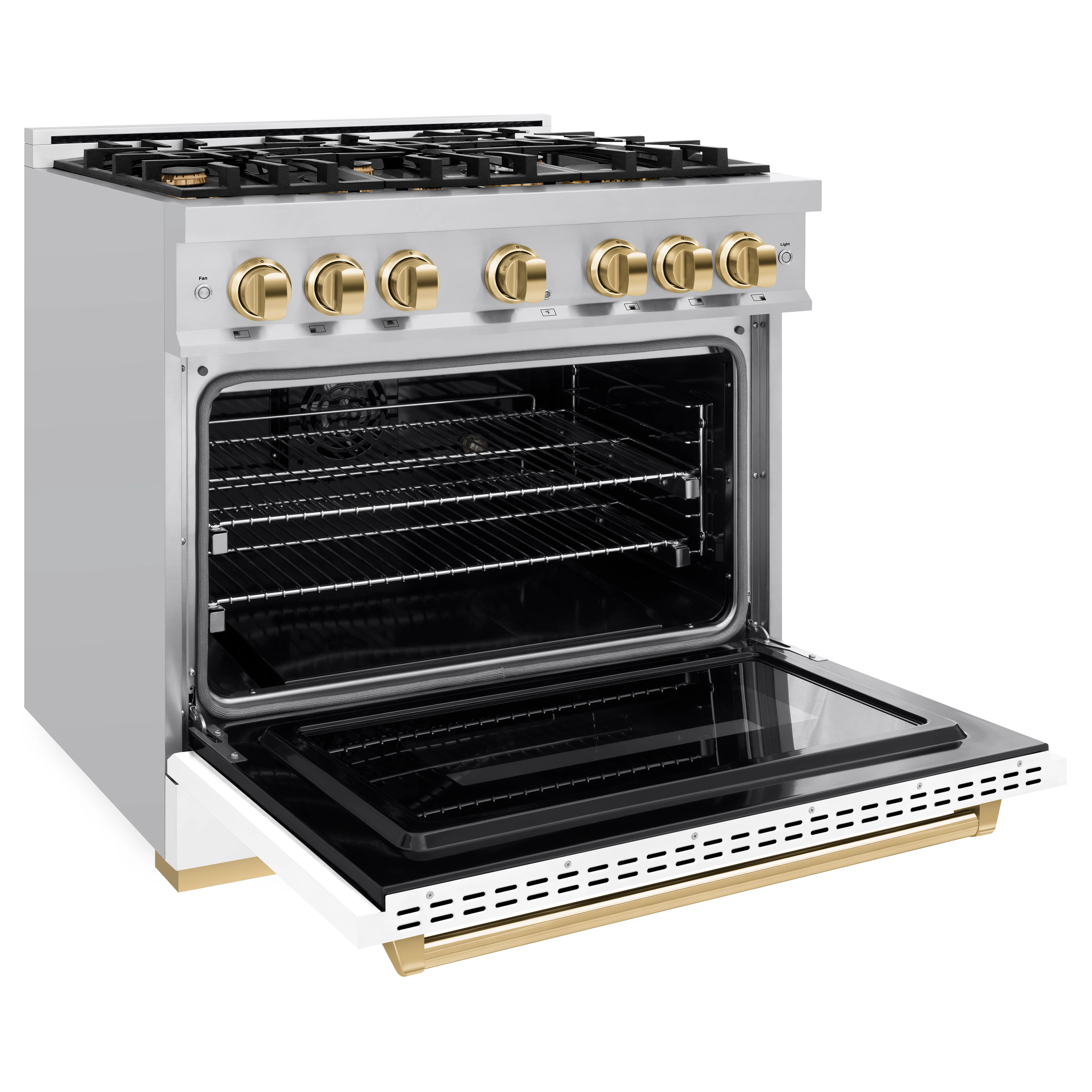 ZLINE Autograph Edition 36 in. 5.2 cu. ft. Classic Dual Fuel Range with 6 Burner Gas Cooktop and Electric Convection Oven in Stainless Steel with White Matte Door and Polished Gold Accents (CDRZ-WM-36-G) - Image 6