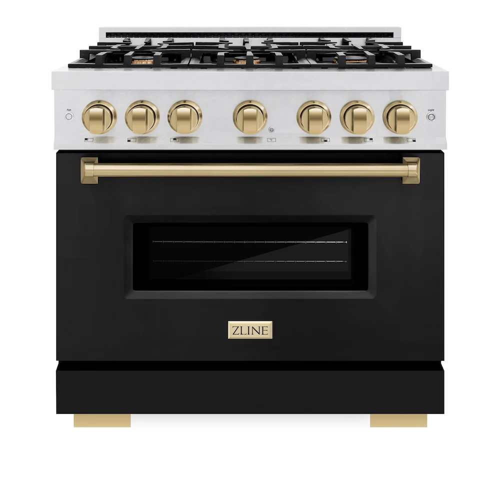 ZLINE Autograph Edition 36 in. 5.2 cu. ft. Classic Gas Range with 6 Burner Cooktop and Convection Gas Oven in Satin Stainless Steel with Black Matte Door and Champagne Bronze Accents (CGRSZ-BLM-36-CB) - Image 2