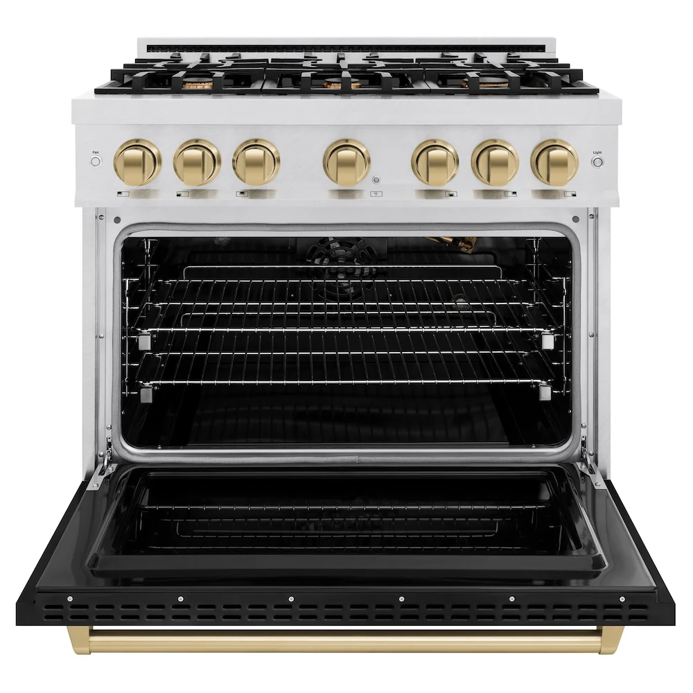 ZLINE Autograph Edition 36 in. 5.2 cu. ft. Classic Gas Range with 6 Burner Cooktop and Convection Gas Oven in Satin Stainless Steel with Black Matte Door and Champagne Bronze Accents (CGRSZ-BLM-36-CB) - Image 3