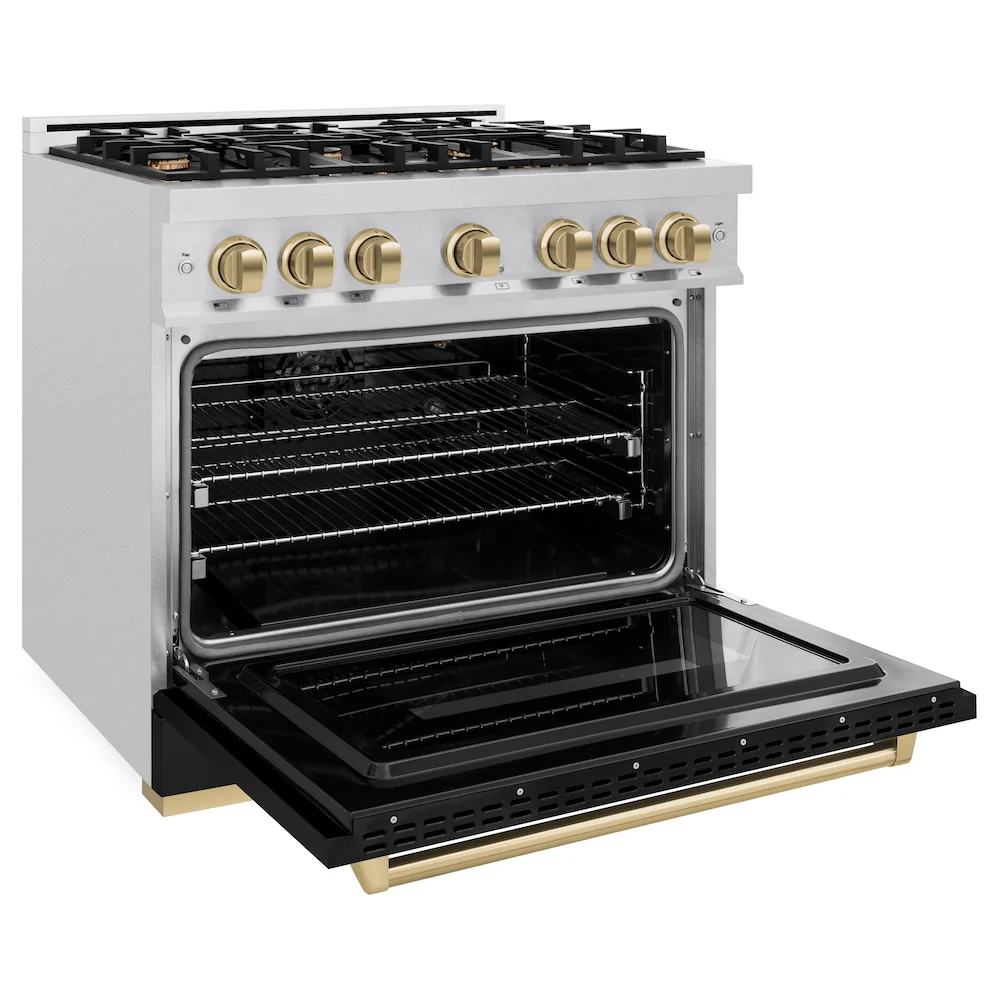 ZLINE Autograph Edition 36 in. 5.2 cu. ft. Classic Gas Range with 6 Burner Cooktop and Convection Gas Oven in Satin Stainless Steel with Black Matte Door and Champagne Bronze Accents (CGRSZ-BLM-36-CB) - Image 7