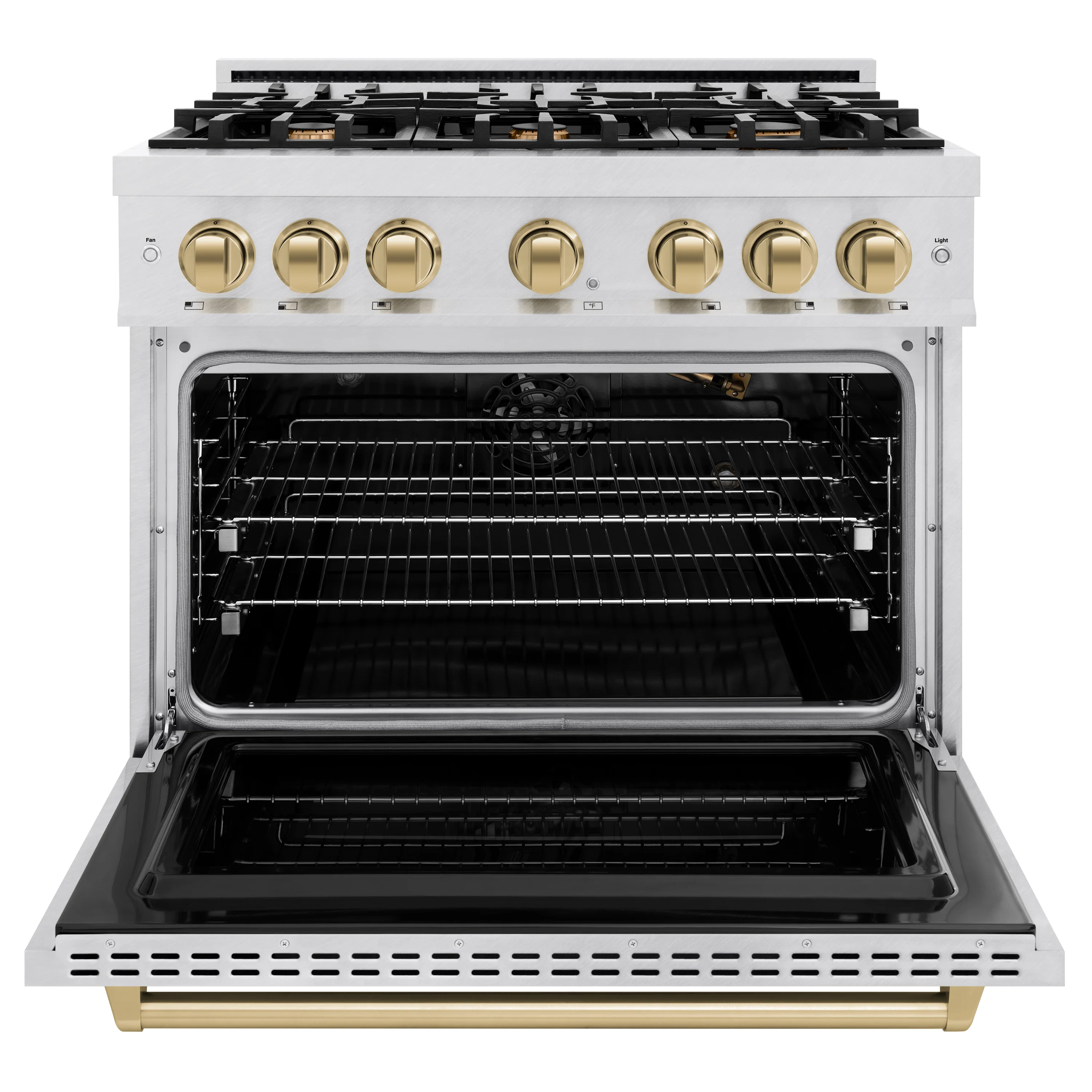 ZLINE Autograph Edition 36 in. 5.2 cu. ft. Classic Gas Range with 6 Burner Cooktop and Convection Gas Oven in Satin Stainless Steel and Champagne Bronze Accents (CGRSZ-36-CB) - Image 4