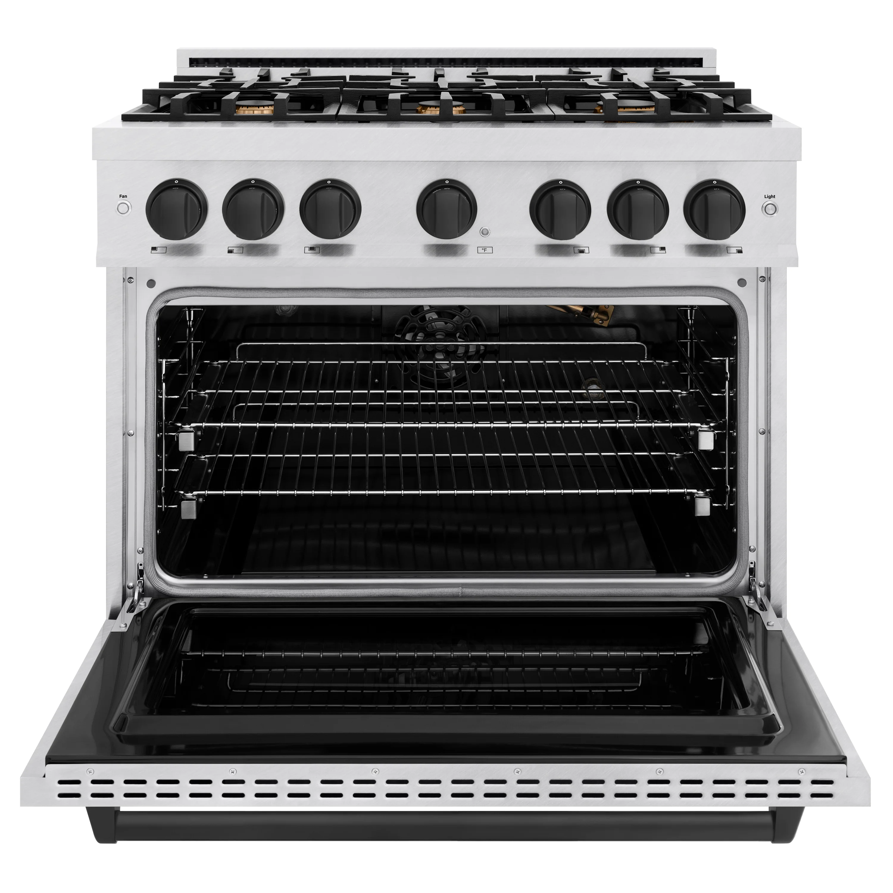 ZLINE Autograph Edition 36 in. 5.2 cu. ft. Classic Gas Range with 6 Burner Cooktop and Convection Gas Oven in Satin Stainless Steel and Matte Black Accents (CGRSZ-36-MB) - Image 4