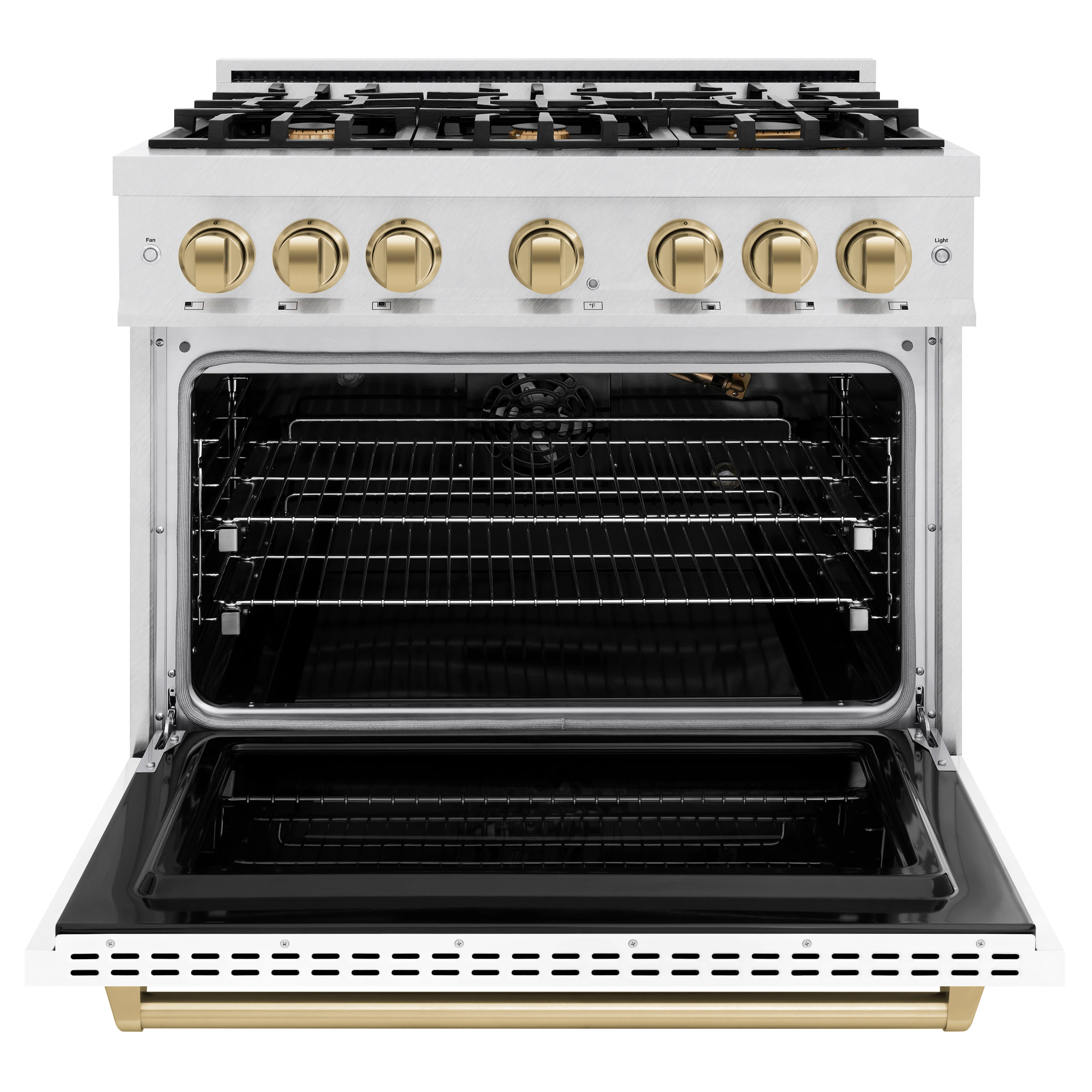 ZLINE Autograph Edition 36 in. 5.2 cu. ft. Classic Gas Range with 6 Burner Cooktop and Convection Gas Oven in Satin Stainless Steel with White Matte Door and Champagne Bronze Accents (CGRSZ-WM-36-CB) - Image 3