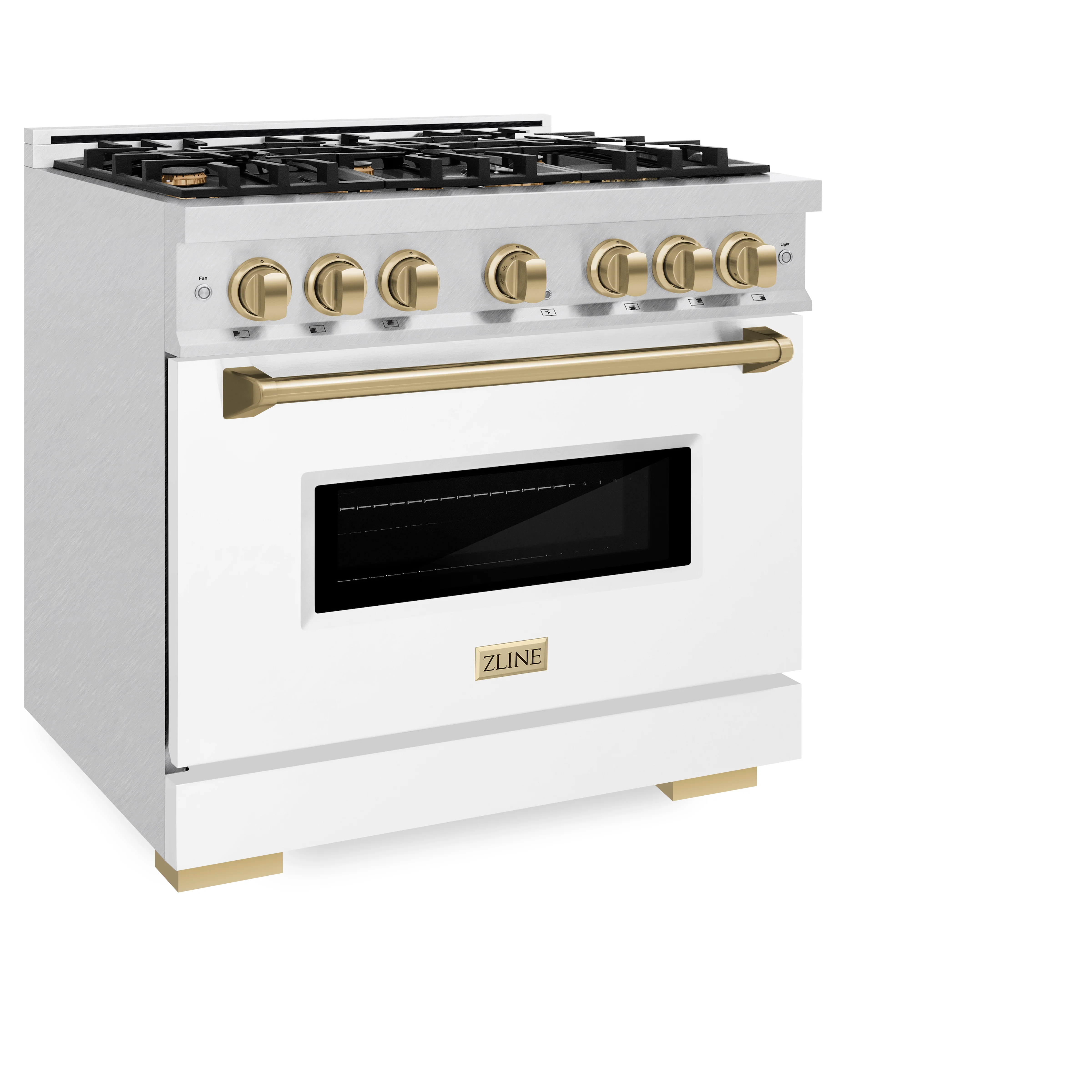 ZLINE Autograph Edition 36 in. 5.2 cu. ft. Classic Gas Range with 6 Burner Cooktop and Convection Gas Oven in Satin Stainless Steel with White Matte Door and Champagne Bronze Accents (CGRSZ-WM-36-CB) - Image 4