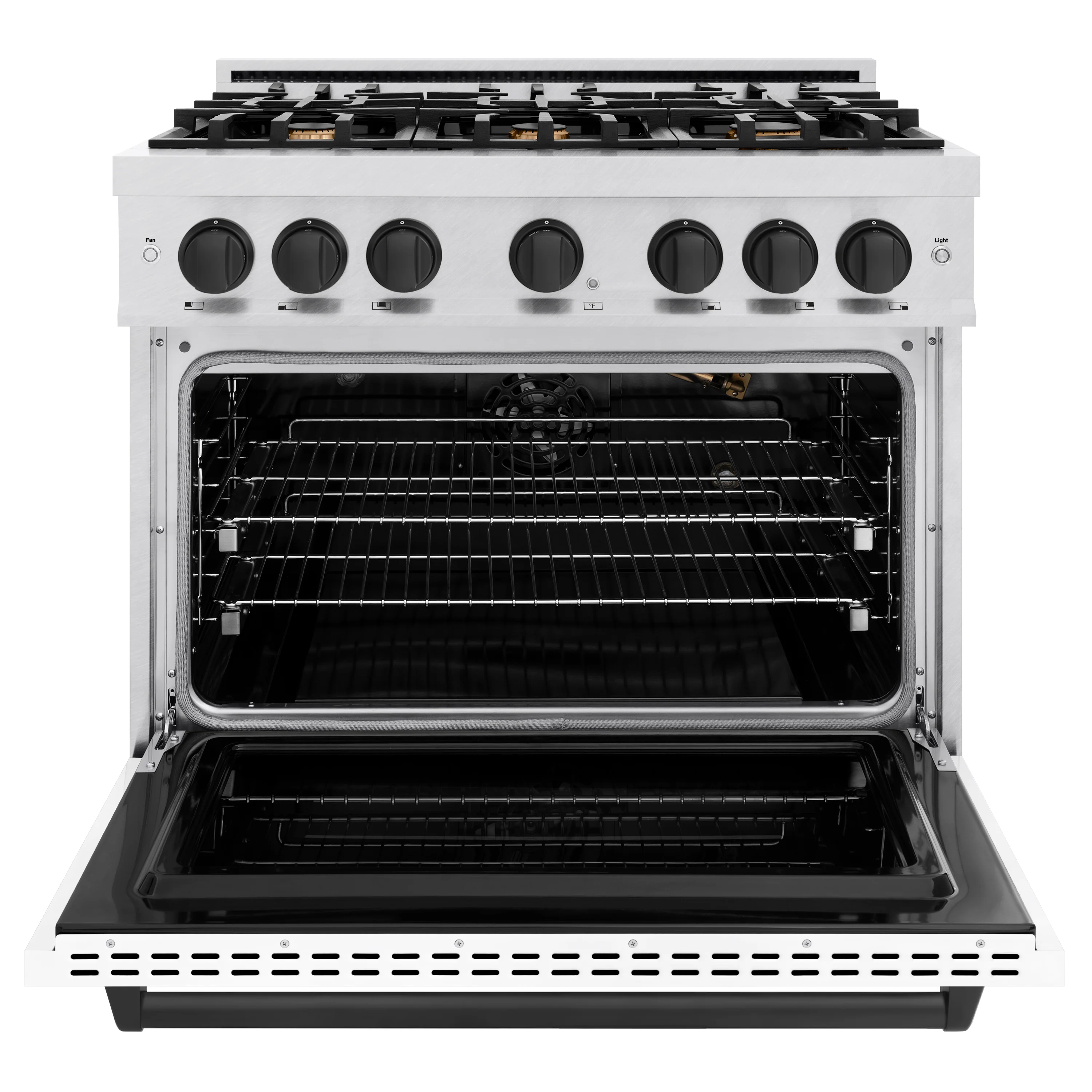 ZLINE Autograph Edition 36 in. 5.2 cu. ft. Classic Gas Range with 6 Burner Cooktop and Convection Gas Oven in Satin Stainless Steel with White Matte Door and Matte Black Accents (CGRSZ-WM-36-MB) - Image 3