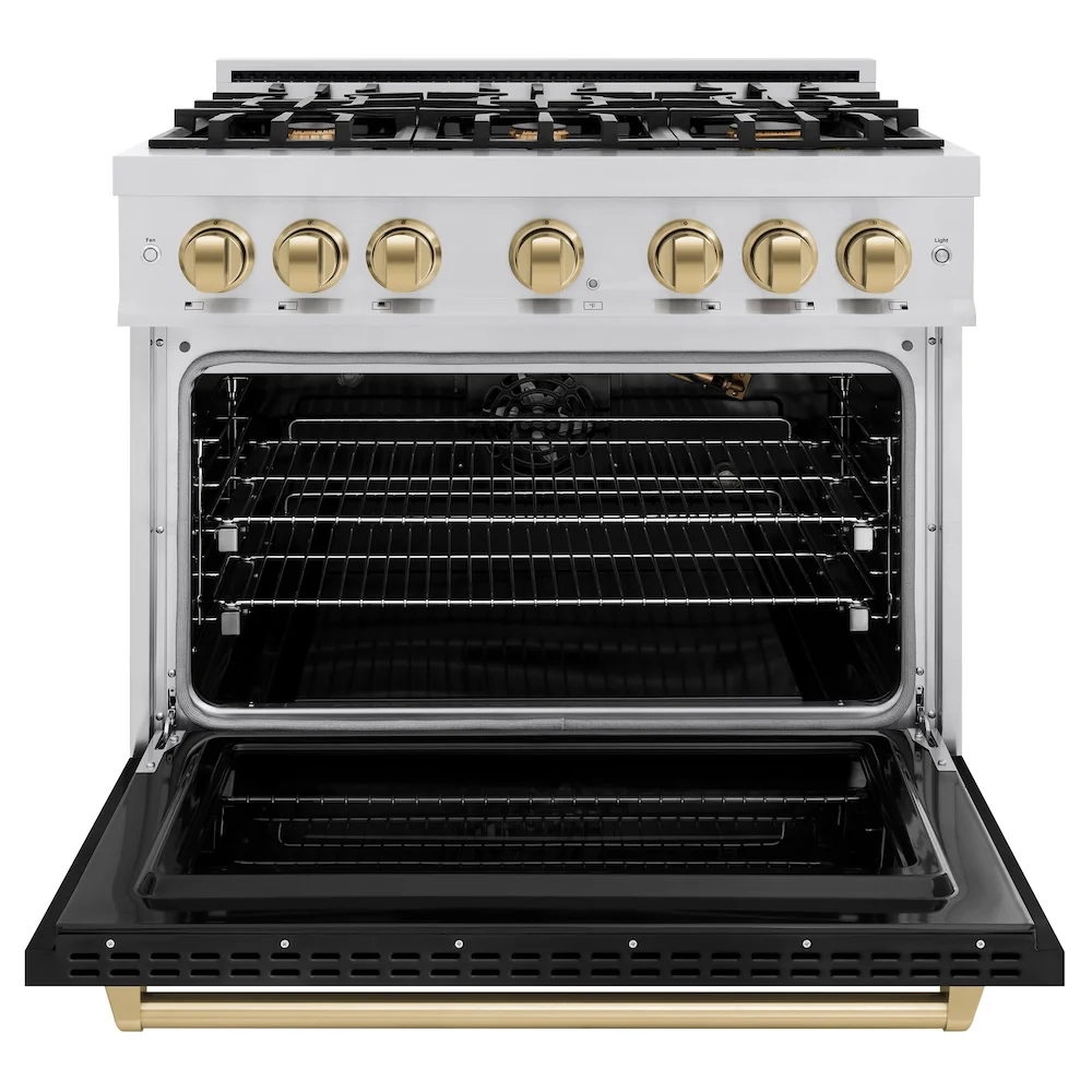 ZLINE Autograph Edition 36 in. 5.2 cu. ft. Classic Gas Range with 6 Burner Cooktop and Convection Gas Oven in Stainless Steel with Black Matte Door and Champagne Bronze Accents (CGRZ-BLM-36-CB) - Image 3