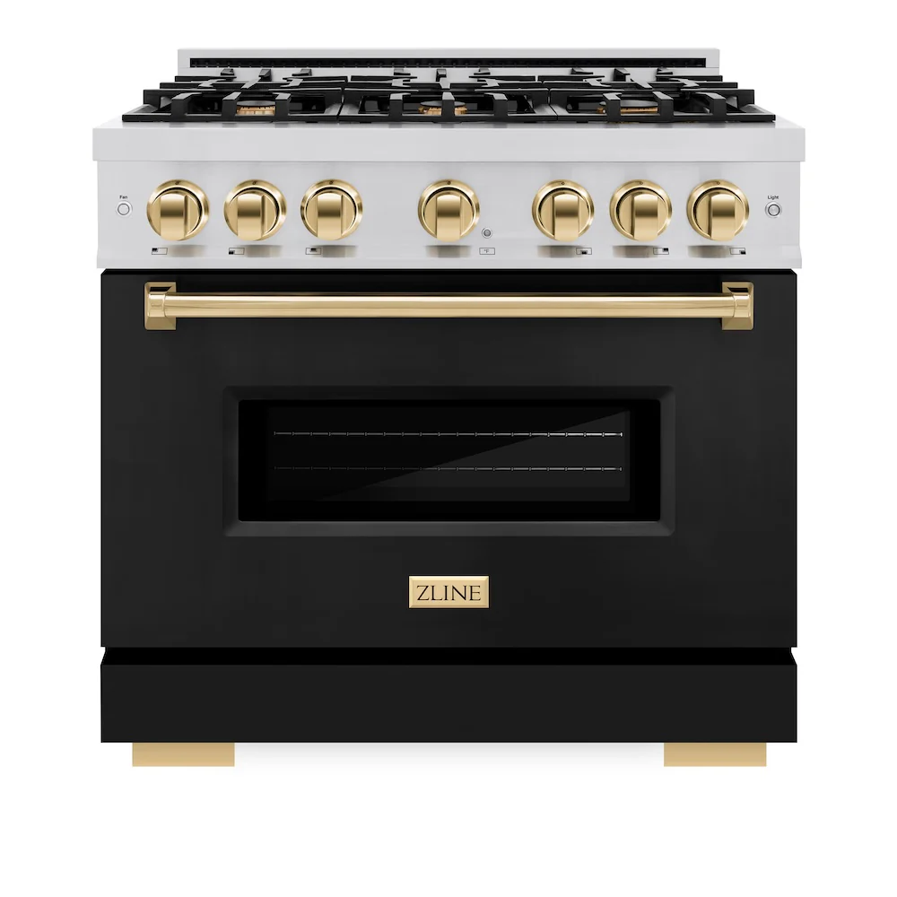 ZLINE Autograph Edition 36 in. 5.2 cu. ft. Classic Gas Range with 6 Burner Cooktop and Convection Gas Oven in Stainless Steel with Black Matte Door and Polished Gold Accents (CGRZ-BLM-36-G) - Image 2