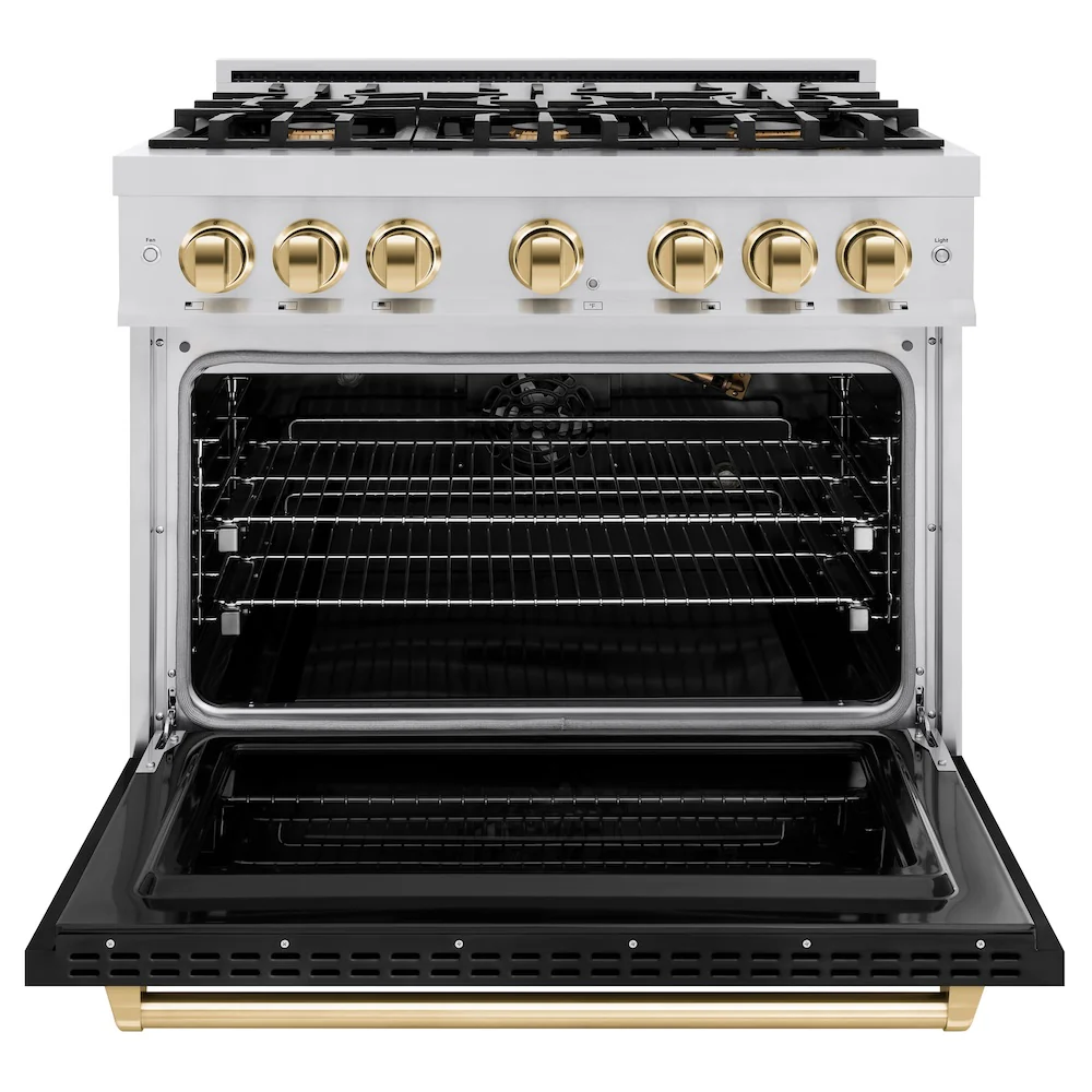 ZLINE Autograph Edition 36 in. 5.2 cu. ft. Classic Gas Range with 6 Burner Cooktop and Convection Gas Oven in Stainless Steel with Black Matte Door and Polished Gold Accents (CGRZ-BLM-36-G) - Image 3