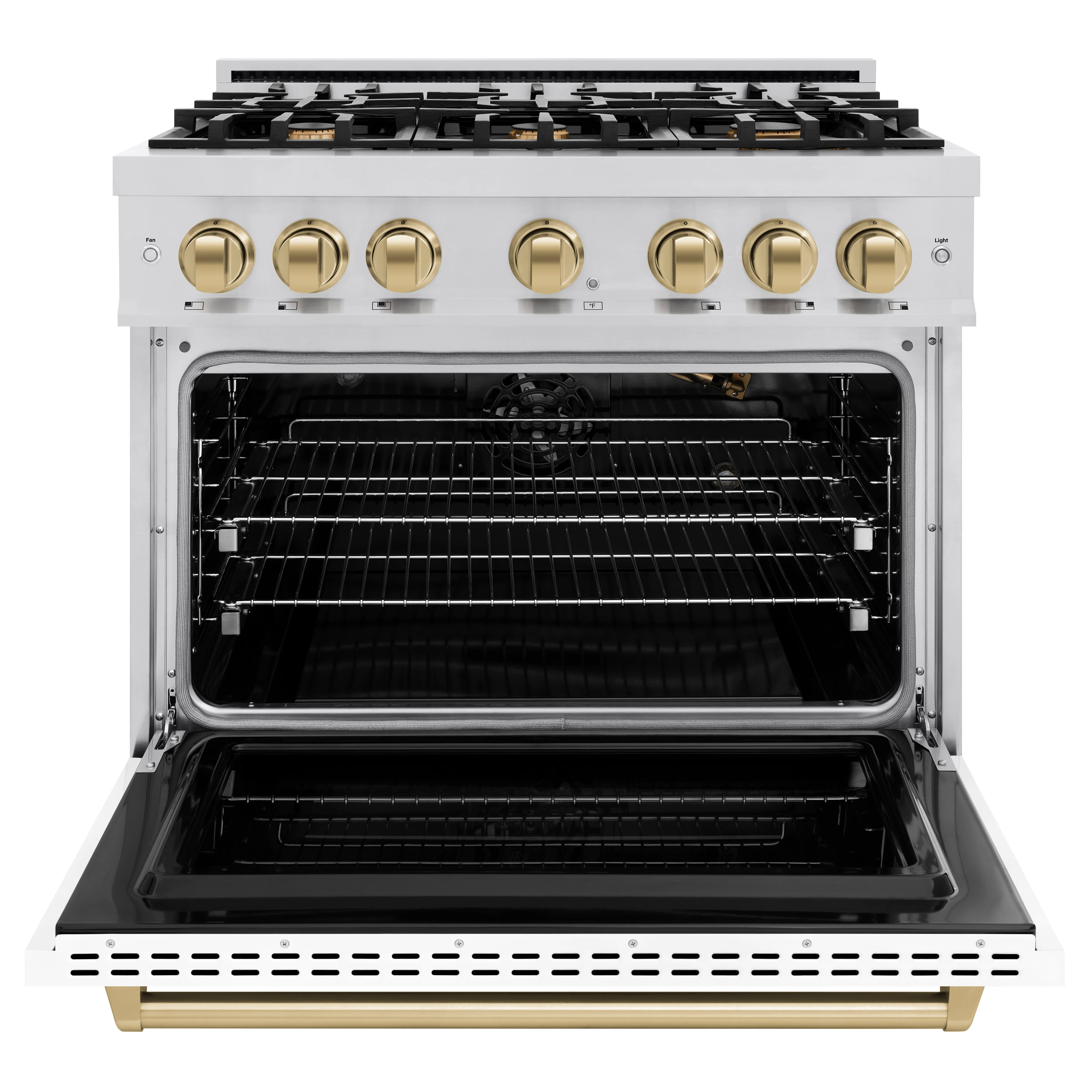 ZLINE Autograph Edition 36 in. 5.2 cu. ft. Classic Gas Range with 6 Burner Cooktop and Convection Gas Oven in Stainless Steel with White Matte Door and Champagne Bronze Accents (CGRZ-WM-36-CB) - Image 4