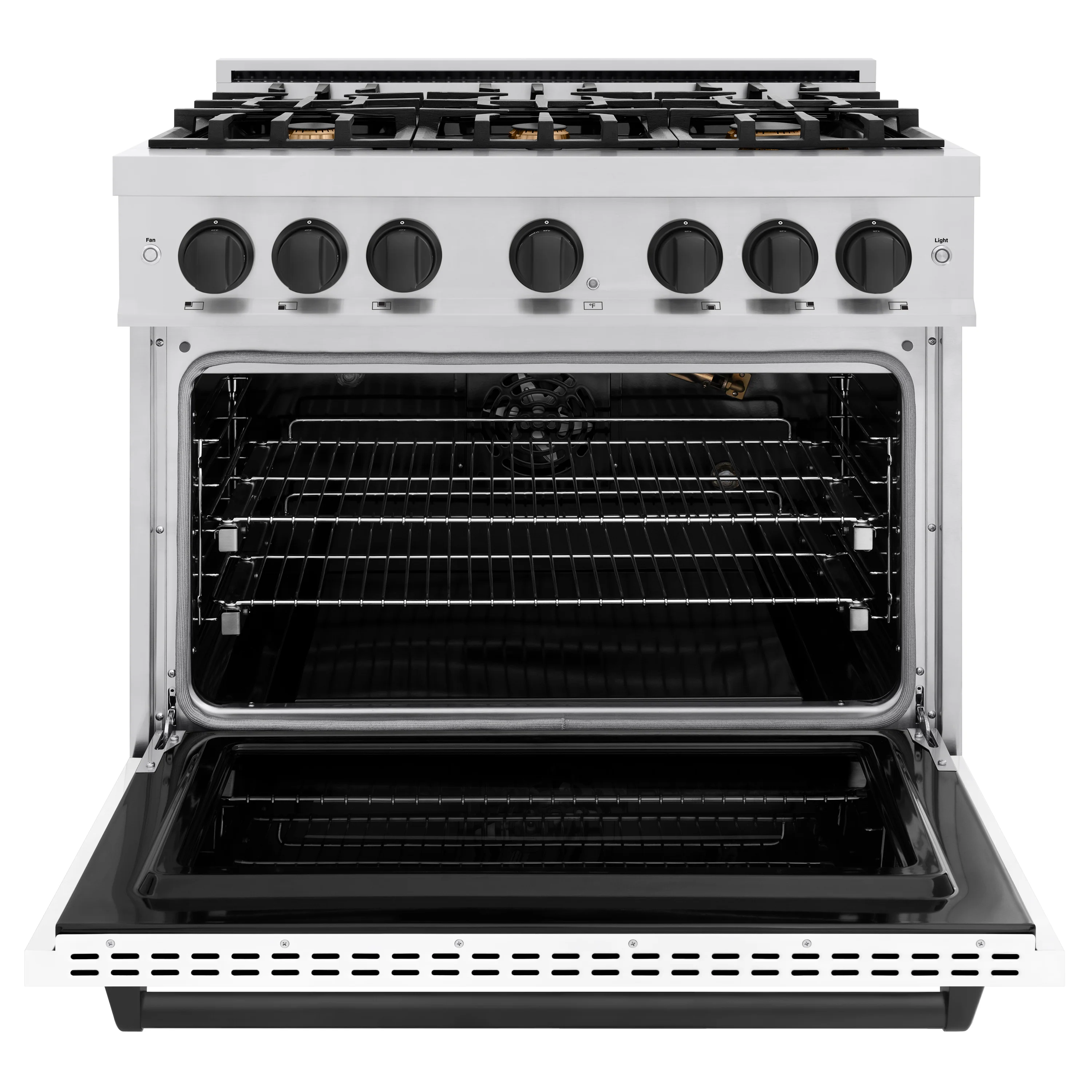 ZLINE Autograph Edition 36 in. 5.2 cu. ft. Classic Gas Range with 6 Burner Cooktop and Convection Gas Oven in Stainless Steel with White Matte Door and Matte Black Accents (CGRZ-WM-36-MB) - Image 4