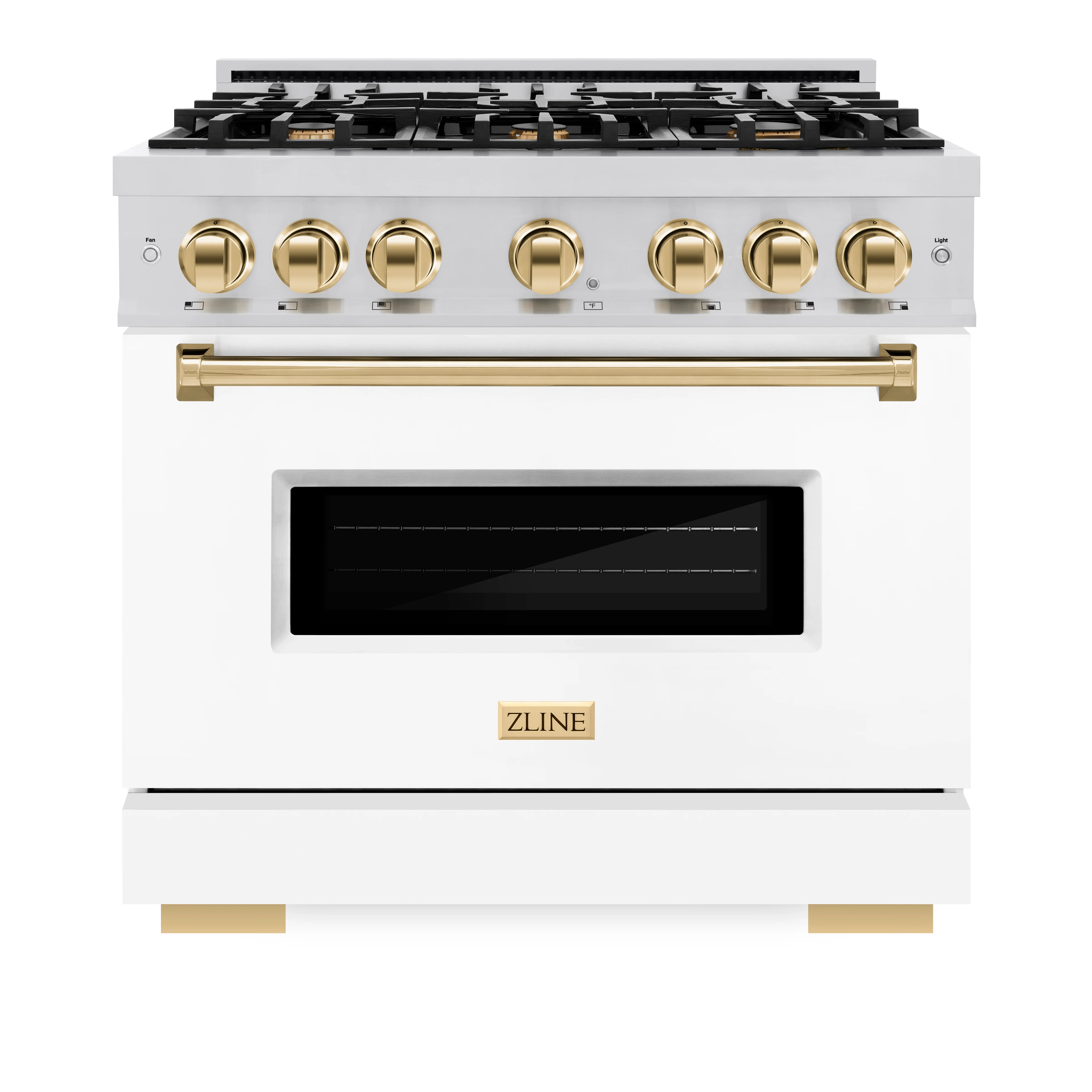 ZLINE Autograph Edition 36 in. 5.2 cu. ft. Classic Gas Range with 6 Burner Cooktop and Convection Gas Oven in Stainless Steel with White Matte Door and Polished Gold Accents (CGRZ-WM-36-G) - Image 3