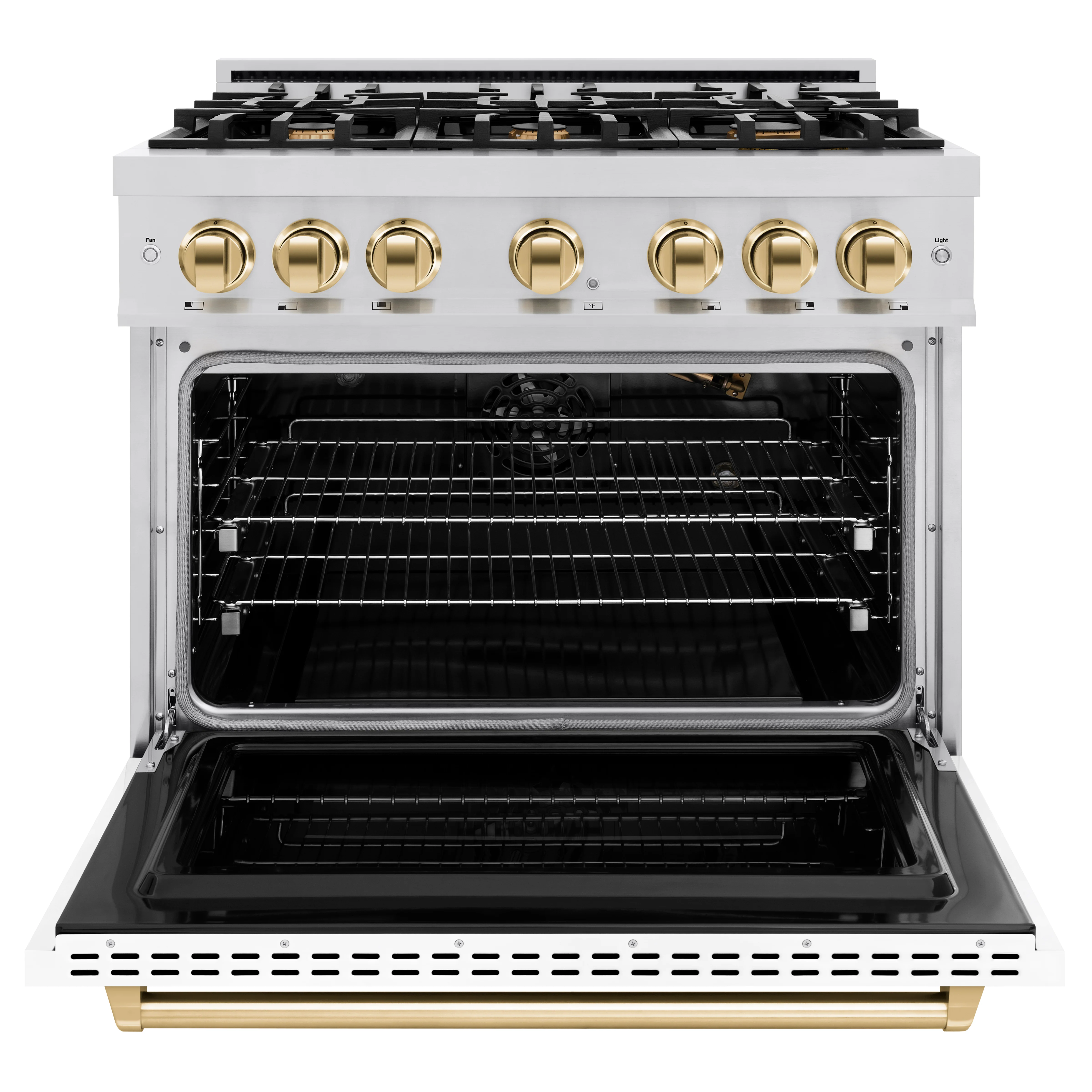 ZLINE Autograph Edition 36 in. 5.2 cu. ft. Classic Gas Range with 6 Burner Cooktop and Convection Gas Oven in Stainless Steel with White Matte Door and Polished Gold Accents (CGRZ-WM-36-G) - Image 4