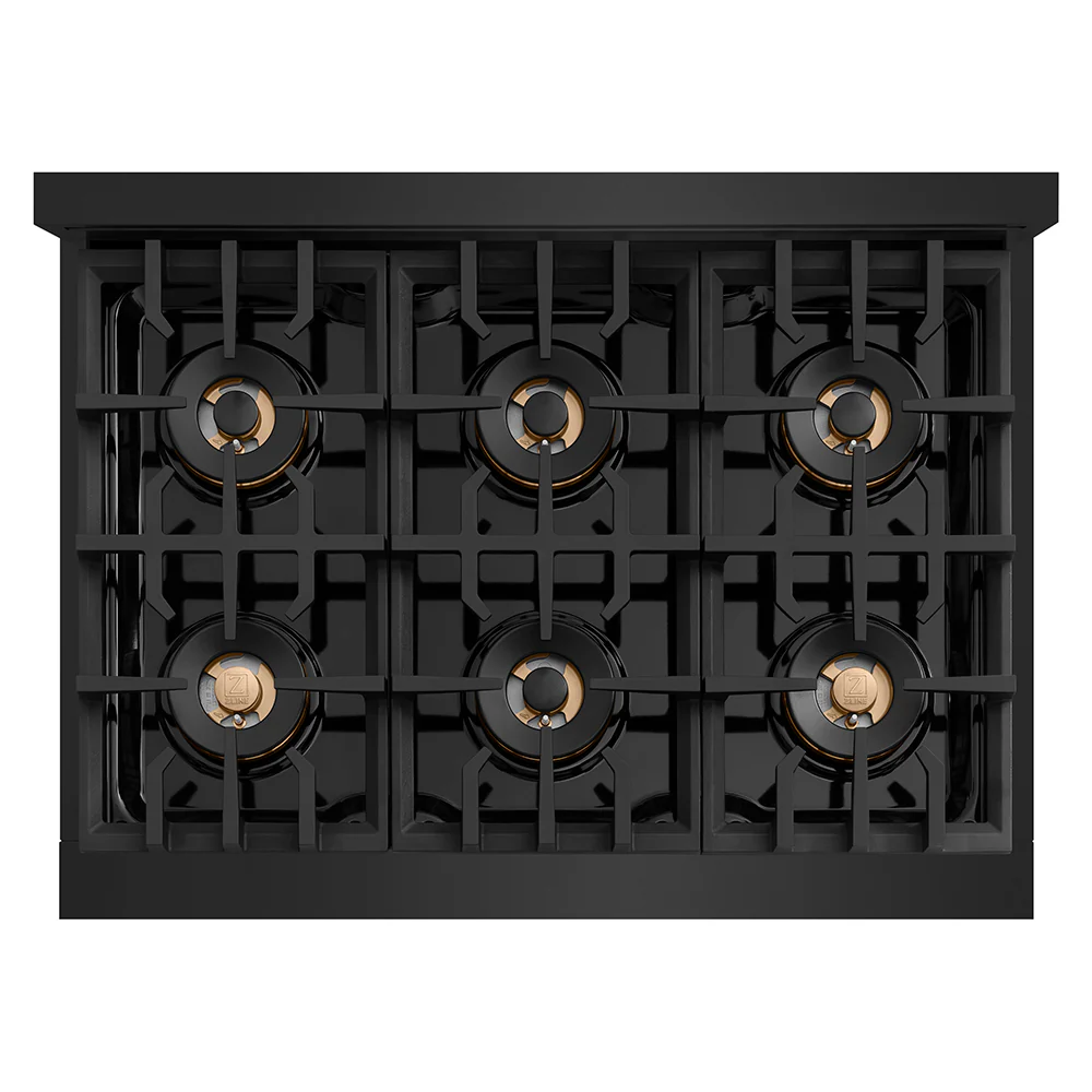 ZLINE Autograph Edition 36 in. Classic Gas Rangetop with 6 Burner DuoPro™ Cooktop in Black Stainless Steel and Polished Gold Accents (PCRTBZ-36-G) - Image 2