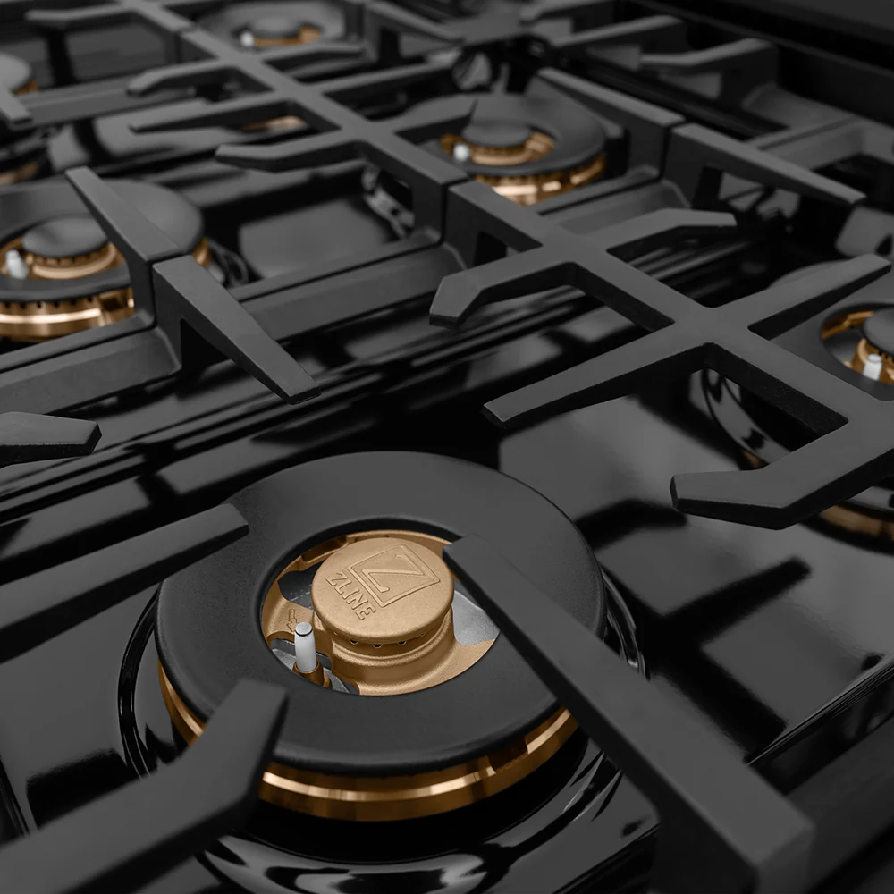 ZLINE Autograph Edition 36 in. Classic Gas Rangetop with 6 Burner DuoPro™ Cooktop in Black Stainless Steel and Polished Gold Accents (PCRTBZ-36-G) - Image 3