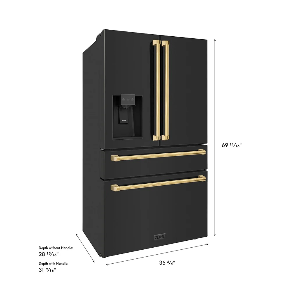 ZLINE Autograph Edition 36 in. 21.6 cu. ft. Counter-Depth French Door Refrigerator with Water and Ice Dispenser in Fingerprint-Resistant Black Stainless Steel with Polished Gold Traditional Handles (RFMZ-W-36-BS-G) - Image 14
