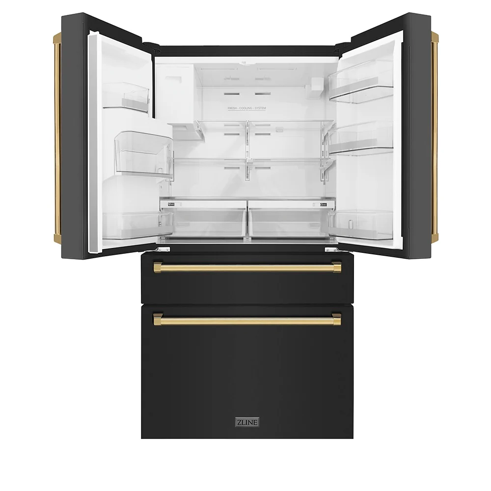 ZLINE Autograph Edition 36 in. 21.6 cu. ft. Counter-Depth French Door Refrigerator with Water and Ice Dispenser in Fingerprint-Resistant Black Stainless Steel with Polished Gold Traditional Handles (RFMZ-W-36-BS-G) - Image 3