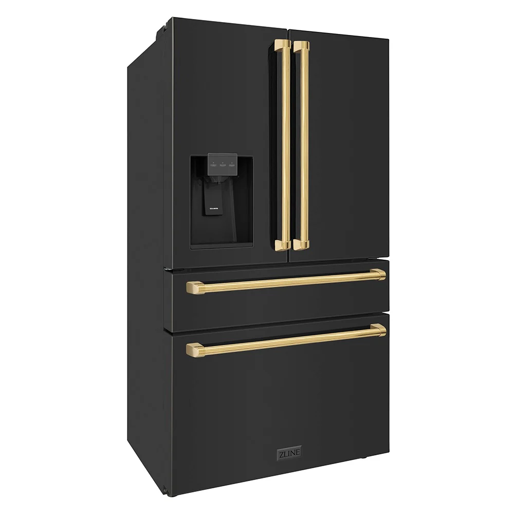 ZLINE Autograph Edition 36 in. 21.6 cu. ft. Counter-Depth French Door Refrigerator with Water and Ice Dispenser in Fingerprint-Resistant Black Stainless Steel with Polished Gold Traditional Handles (RFMZ-W-36-BS-G) - Image 6