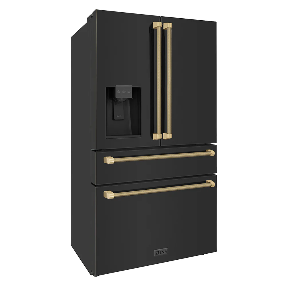 ZLINE Autograph Edition 36 in. 21.6 cu. ft. Counter-Depth French Door Refrigerator with Water and Ice Dispenser in Fingerprint-Resistant Black Stainless Steel with Champagne Bronze Helix Handles (RFMZ-W36-BS-KCB) - Image 3