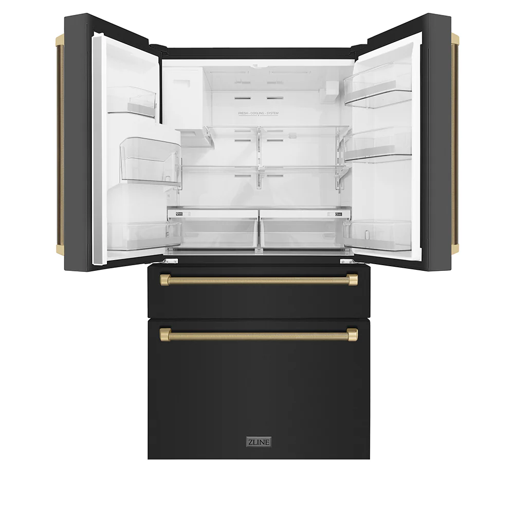 ZLINE Autograph Edition 36 in. 21.6 cu. ft. Counter-Depth French Door Refrigerator with Water and Ice Dispenser in Fingerprint-Resistant Black Stainless Steel with Champagne Bronze Helix Handles (RFMZ-W36-BS-KCB) - Image 4