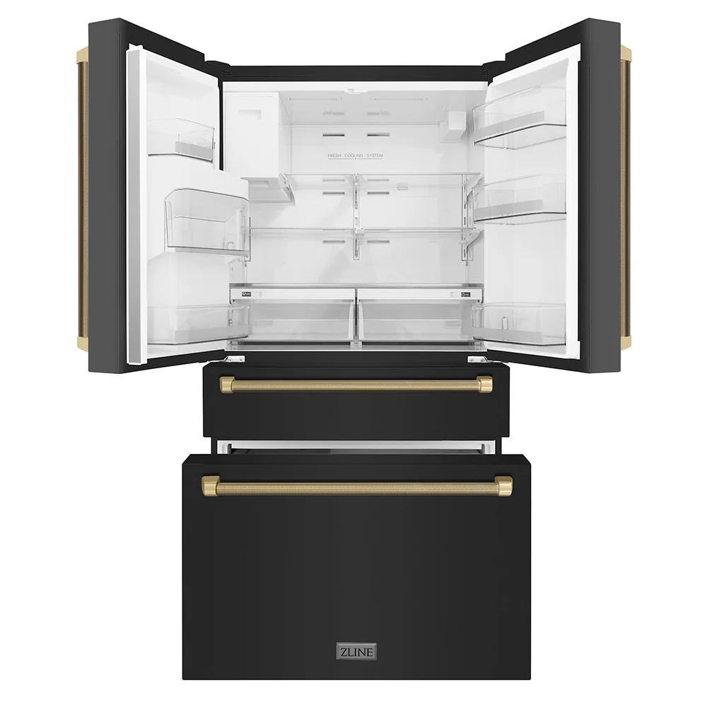 ZLINE Autograph Edition 36 in. 21.6 cu. ft. Counter-Depth French Door Refrigerator with Water and Ice Dispenser in Fingerprint-Resistant Black Stainless Steel with Champagne Bronze Helix Handles (RFMZ-W36-BS-KCB) - Image 5